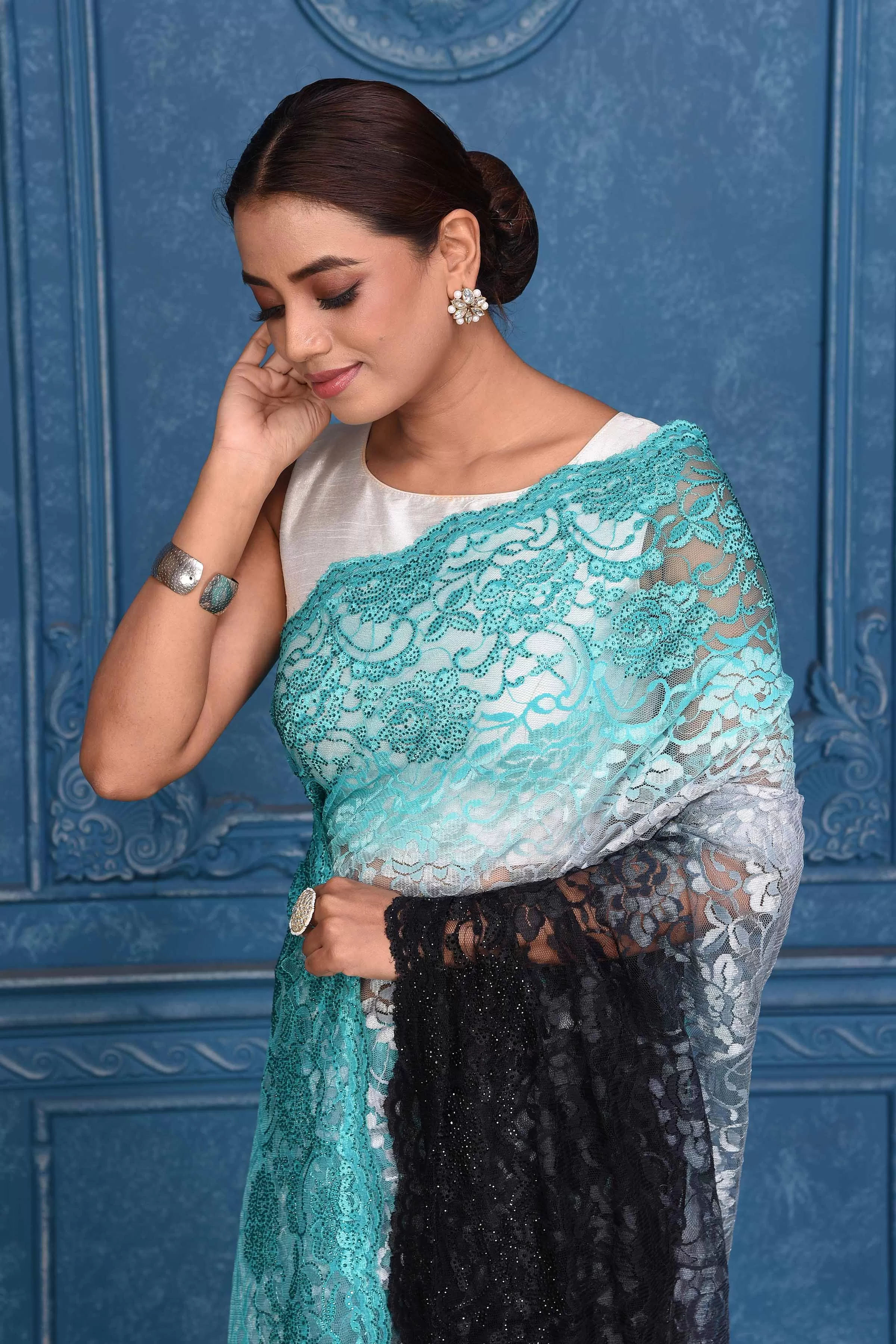 91A201 Ombre Light Blue Designer Lace Sari