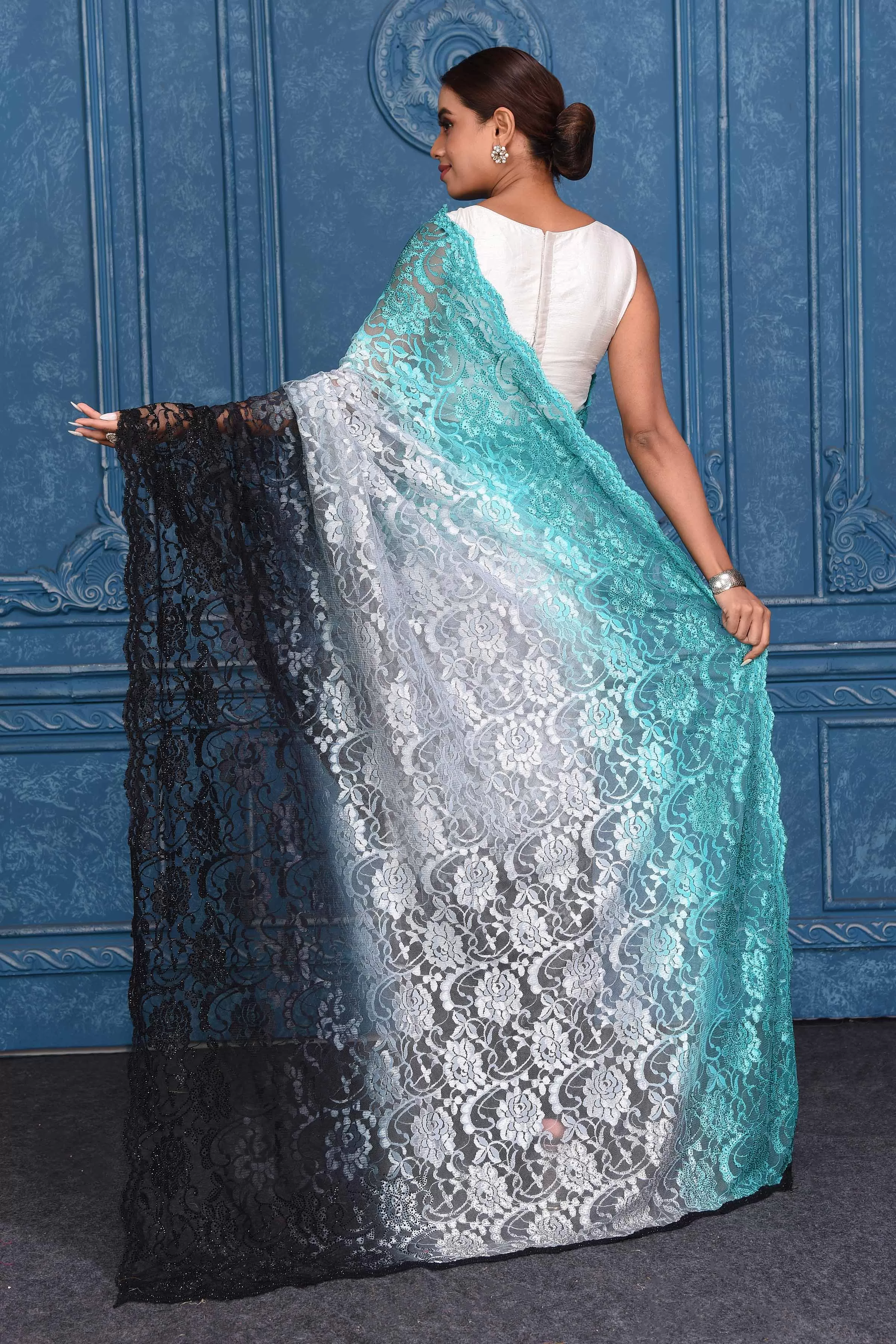 91A201 Ombre Light Blue Designer Lace Sari