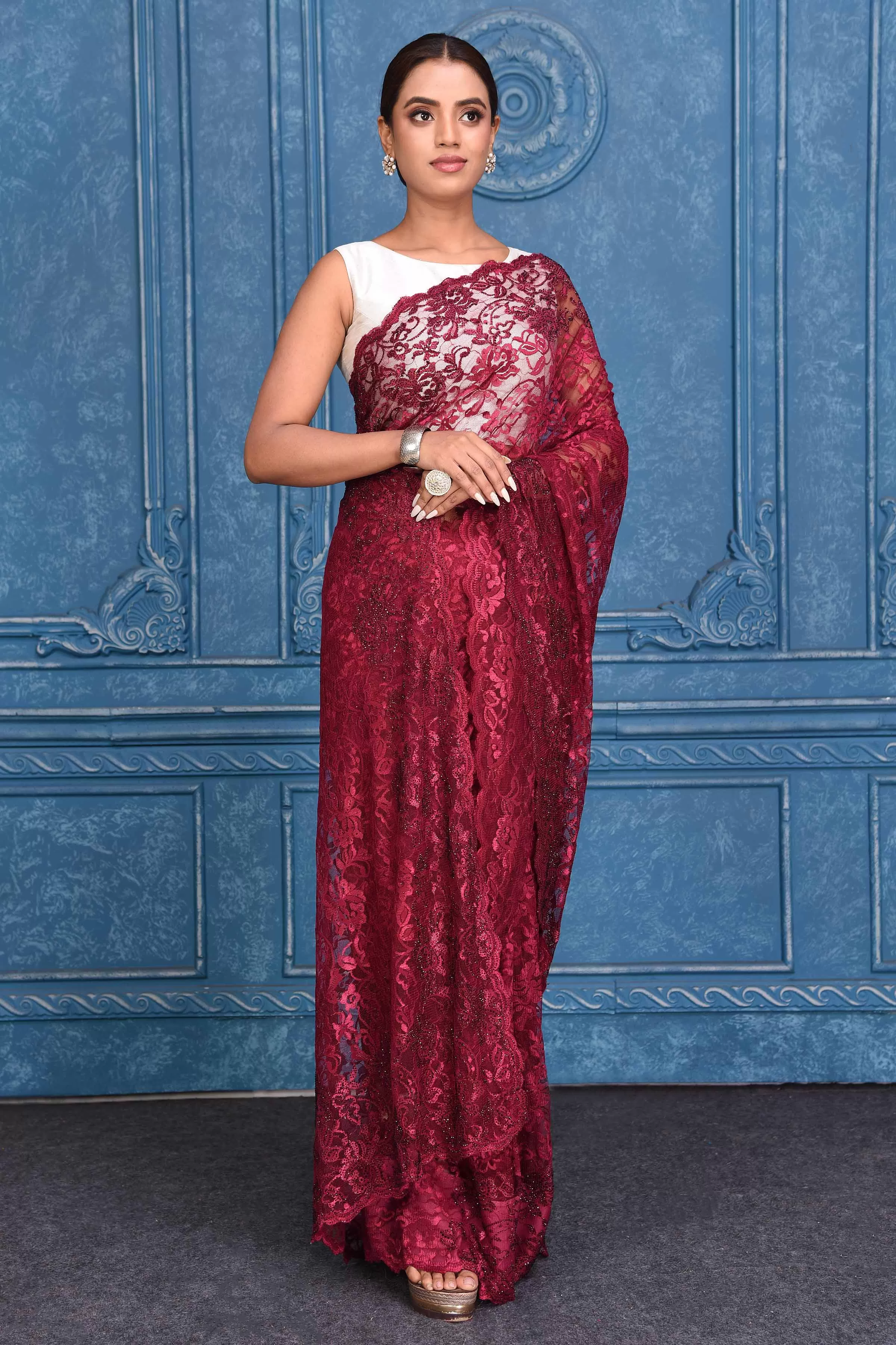 91A203 Dark Pink Designer Lace Saree