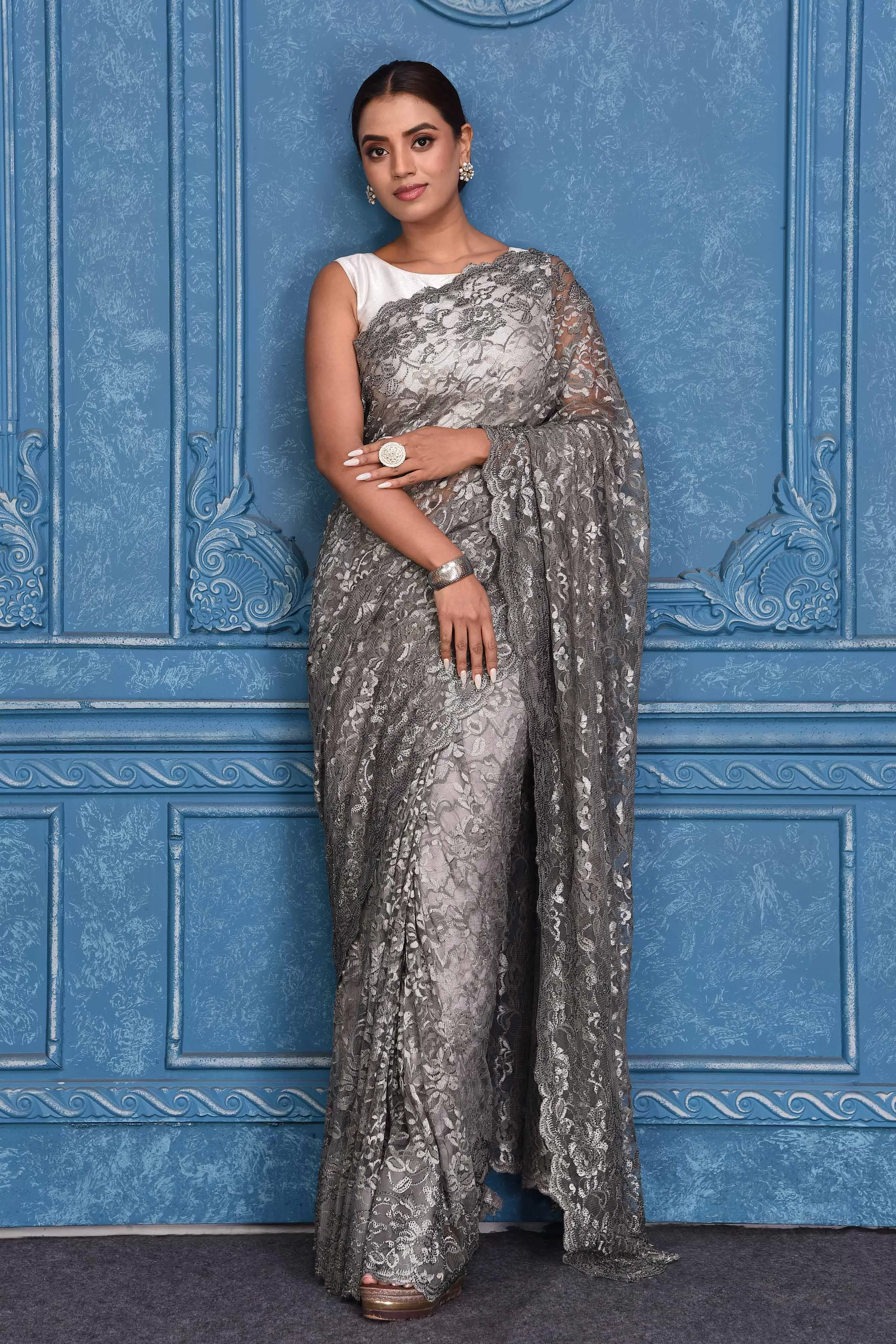 91A204 Grey Designer Lace Saree