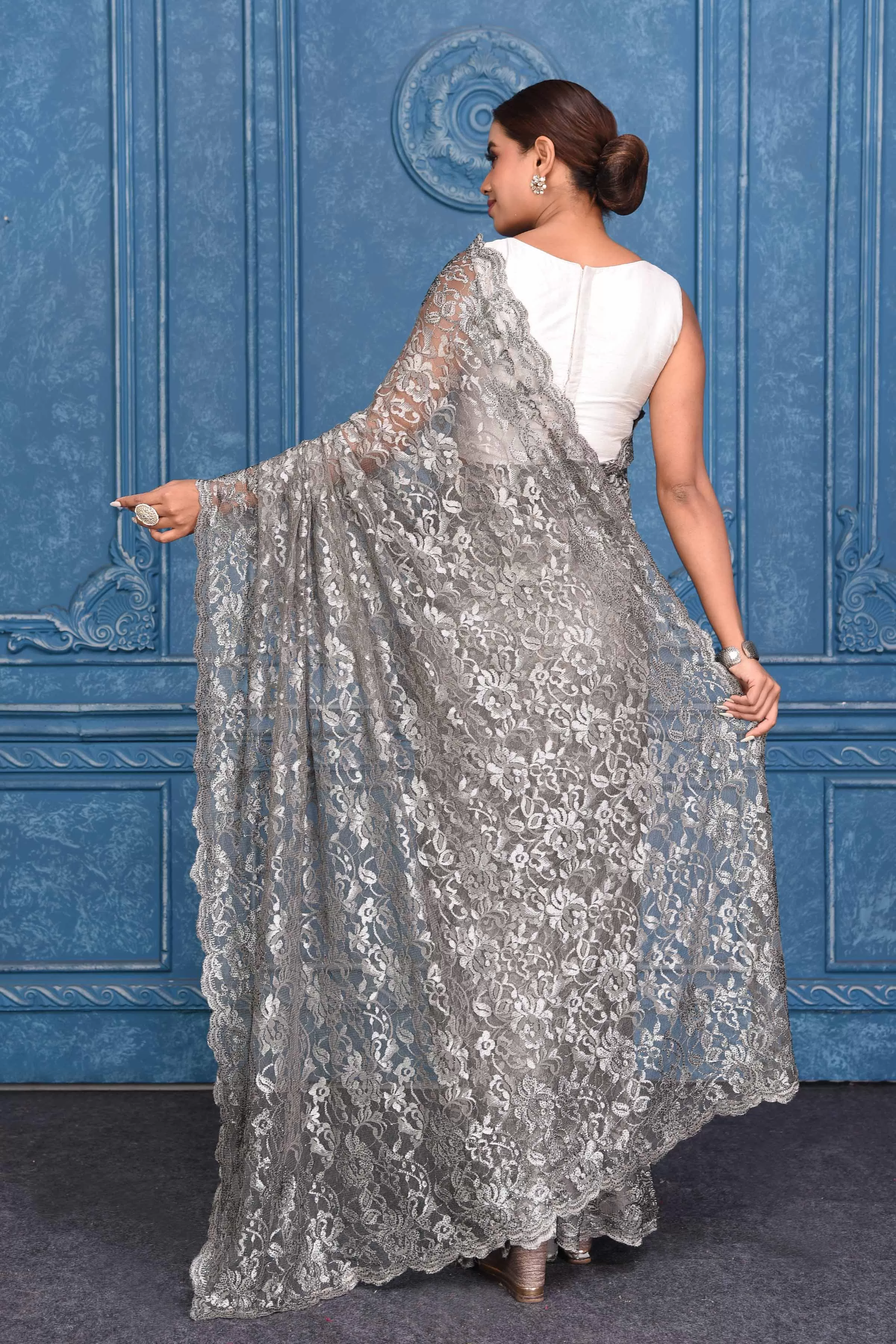 91A204 Grey Designer Lace Saree