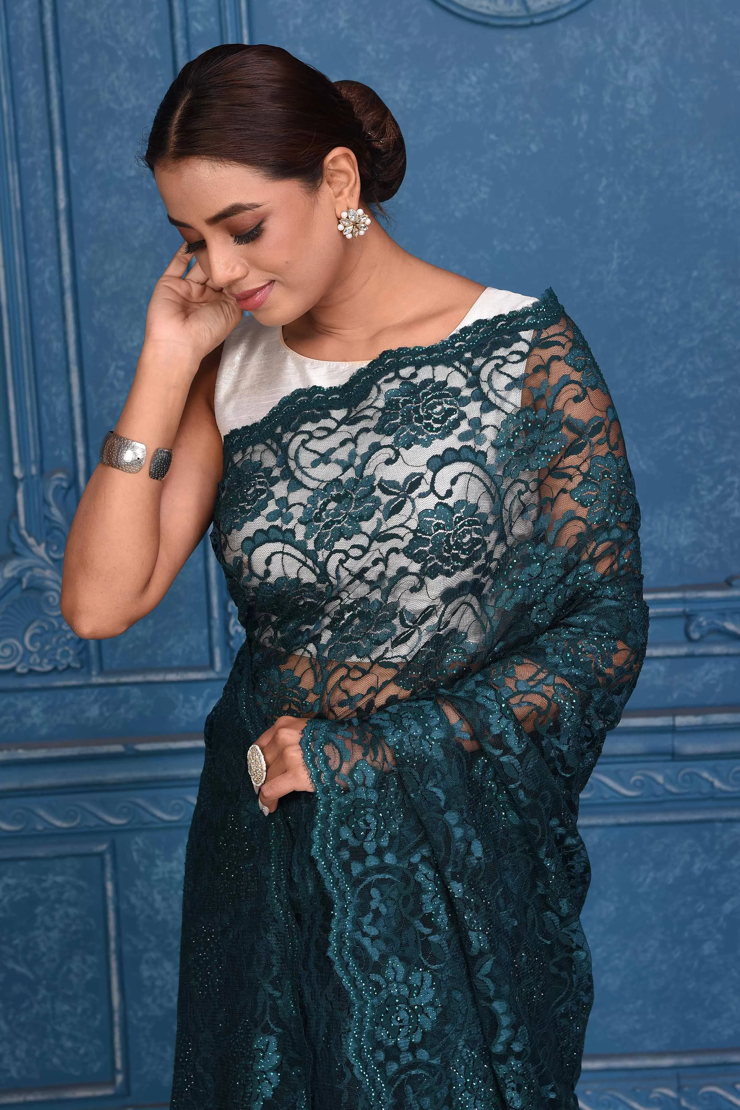 91A210 Teal Green Lace Saree