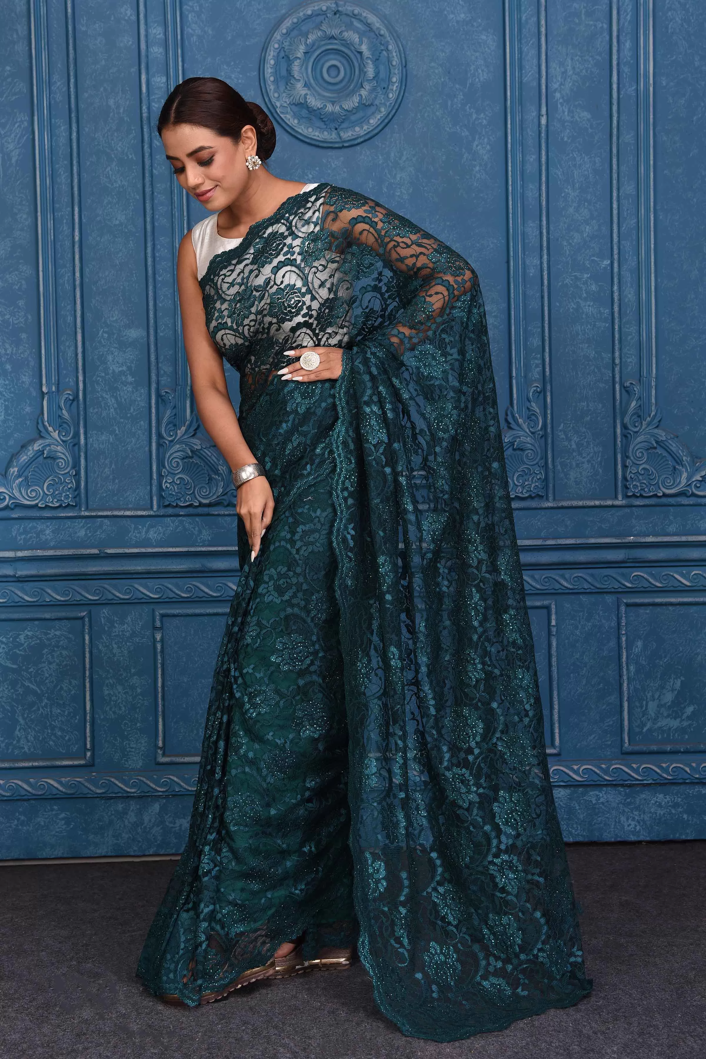 91A210 Teal Green Lace Saree