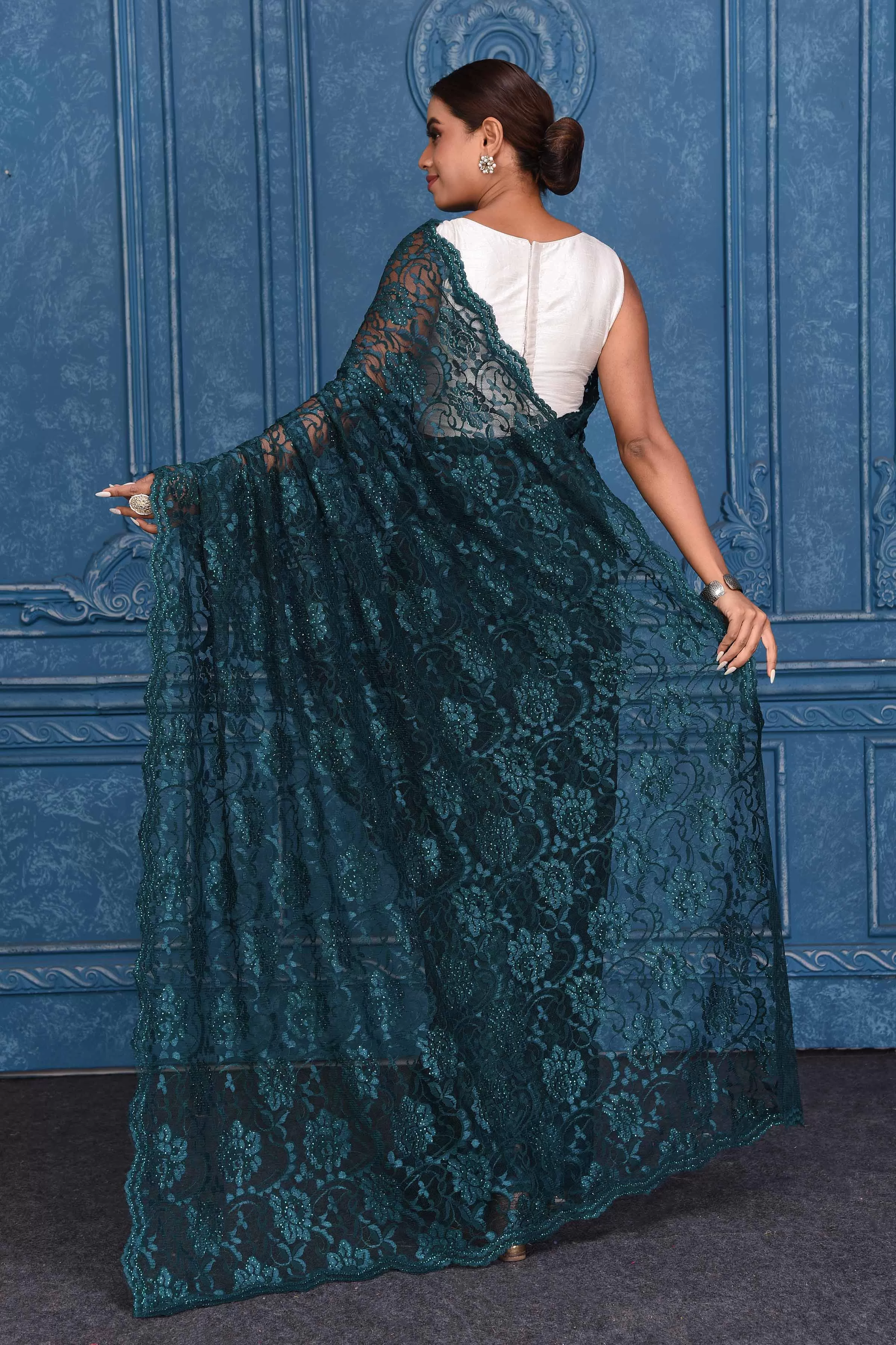 91A210 Teal Green Lace Saree