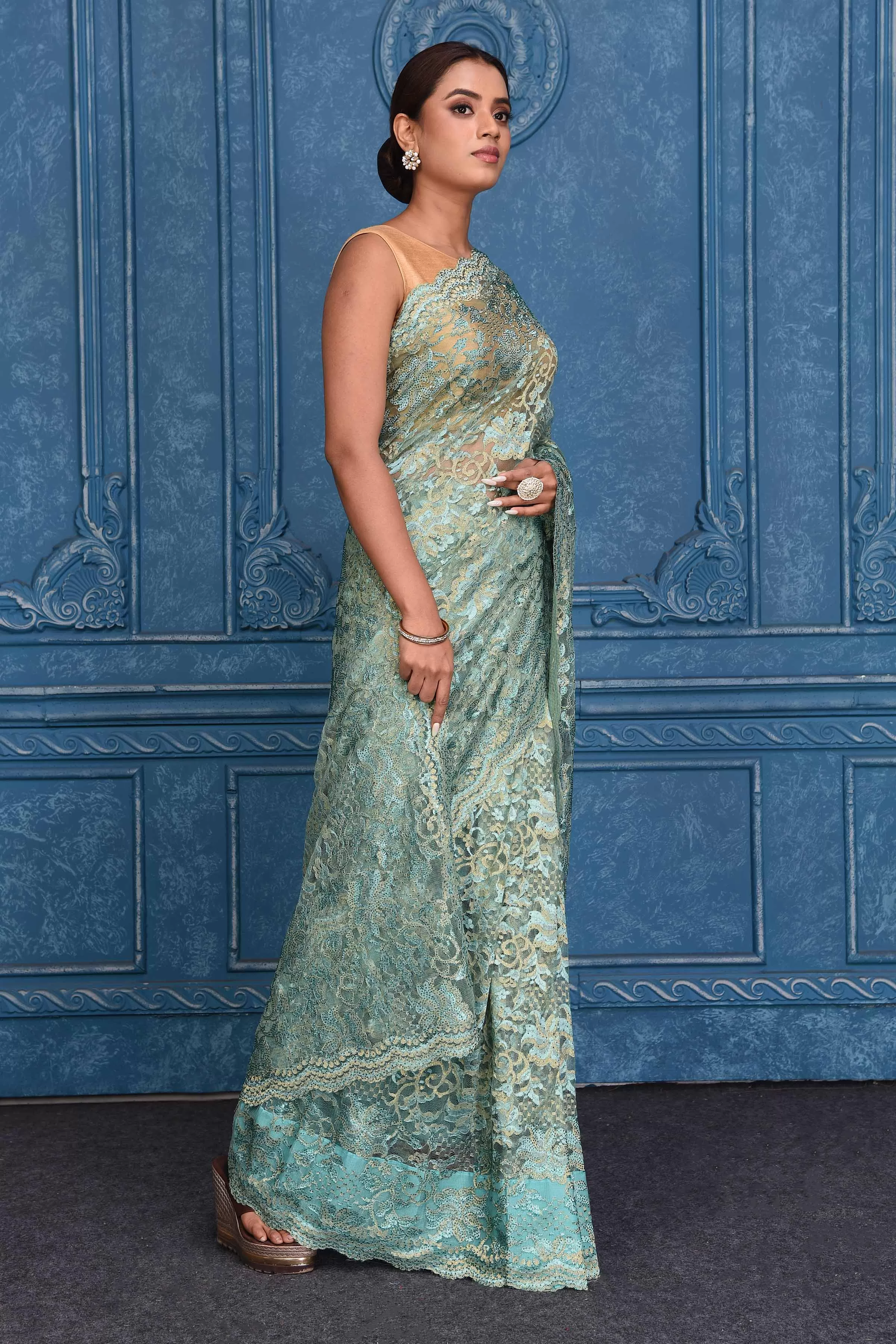 91A216 Sea Green Lace Saree