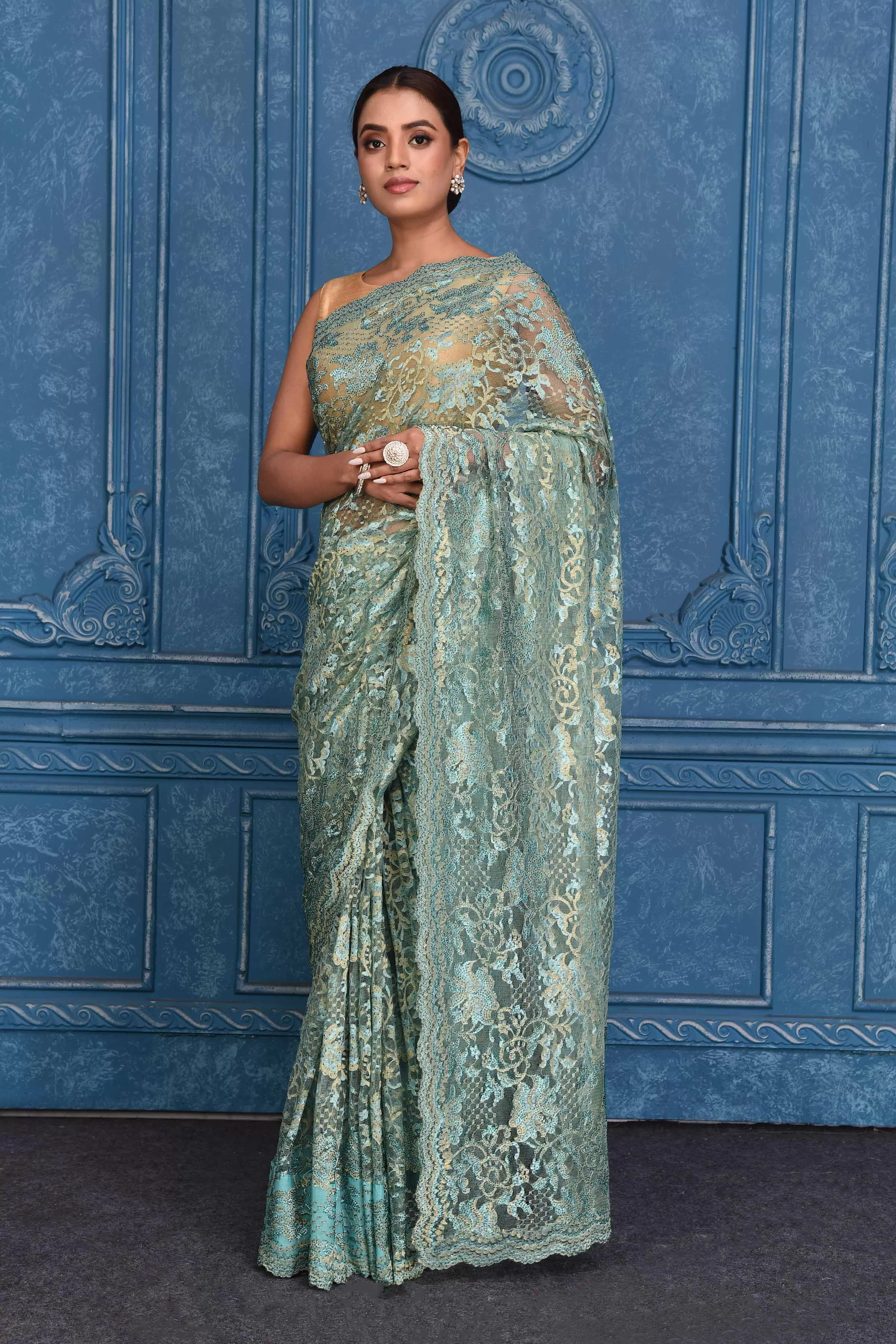 91A216 Sea Green Lace Saree