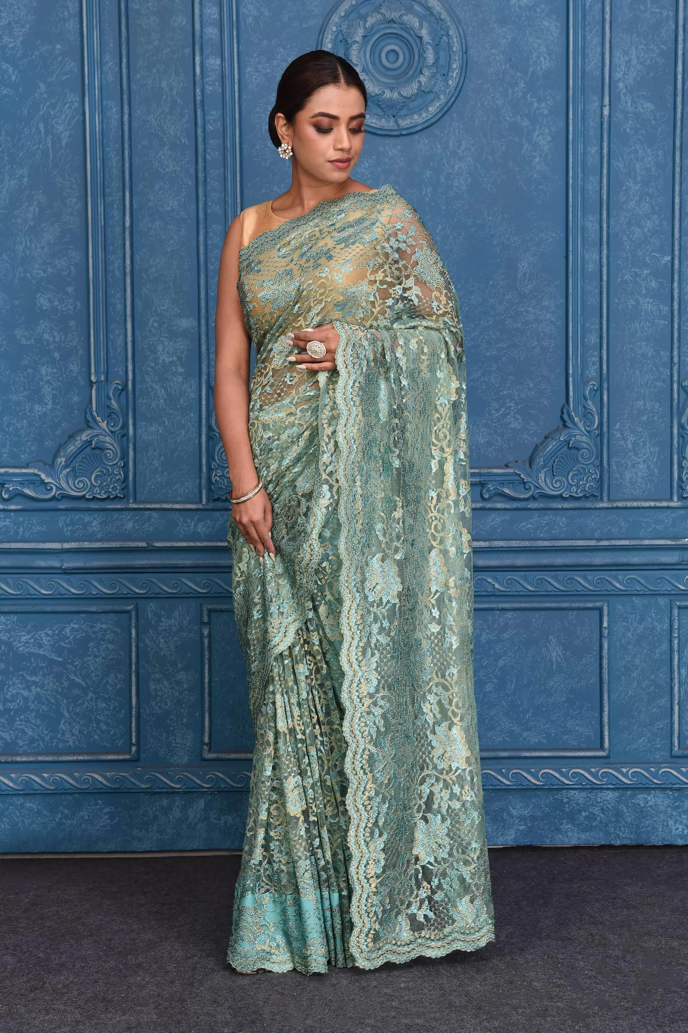 91A216 Sea Green Lace Saree