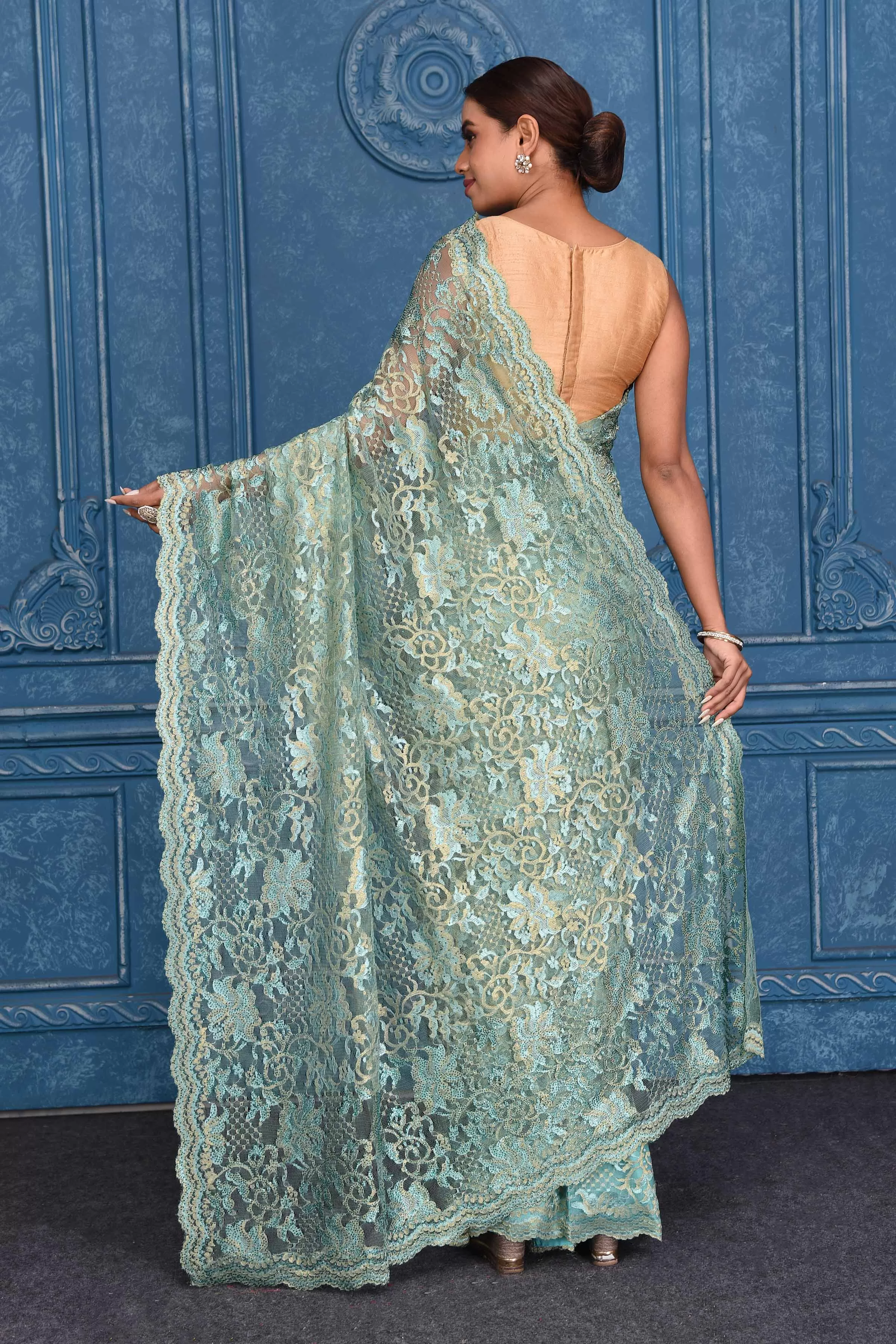 91A216 Sea Green Lace Saree