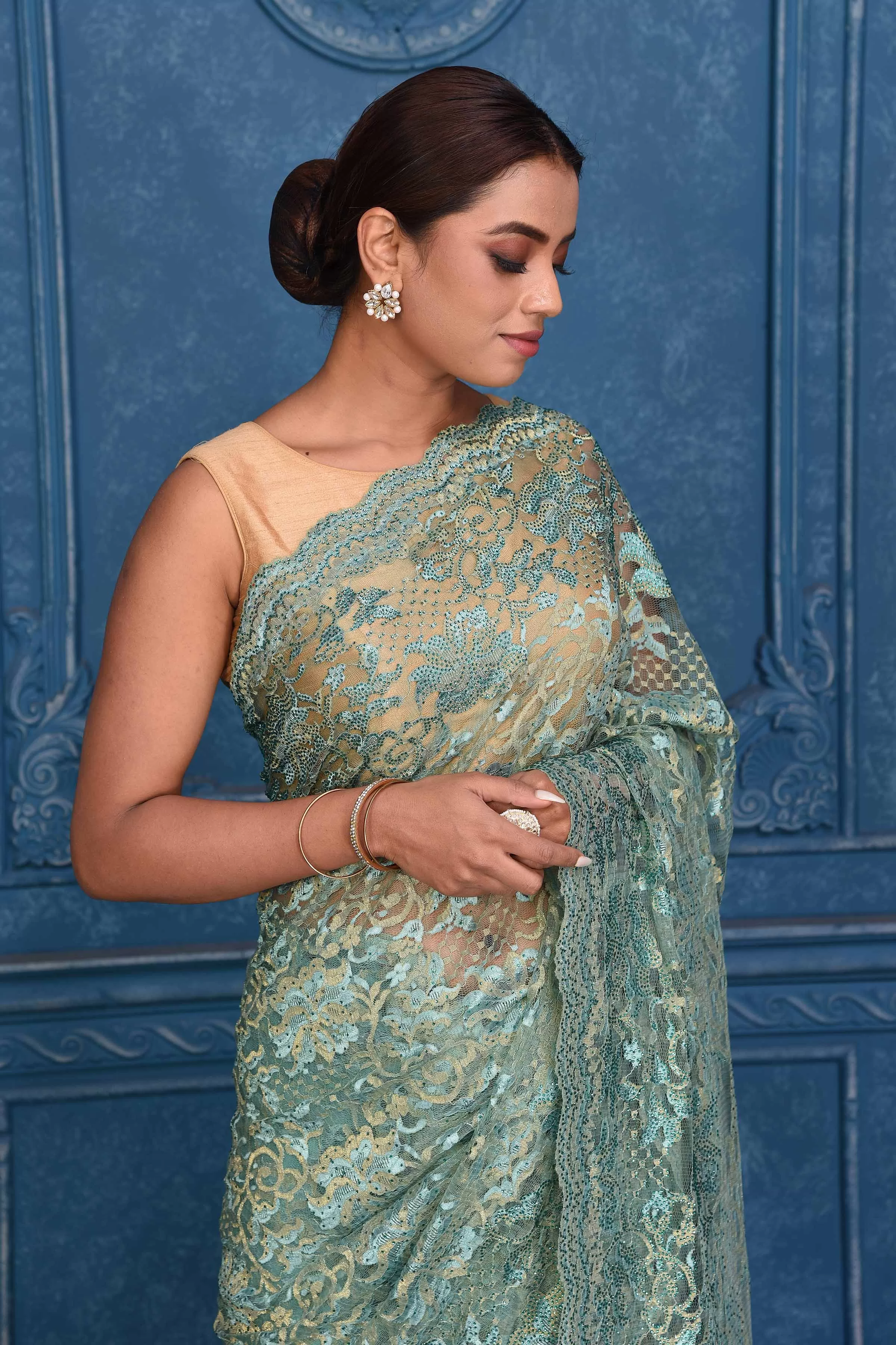 91A216 Sea Green Lace Saree