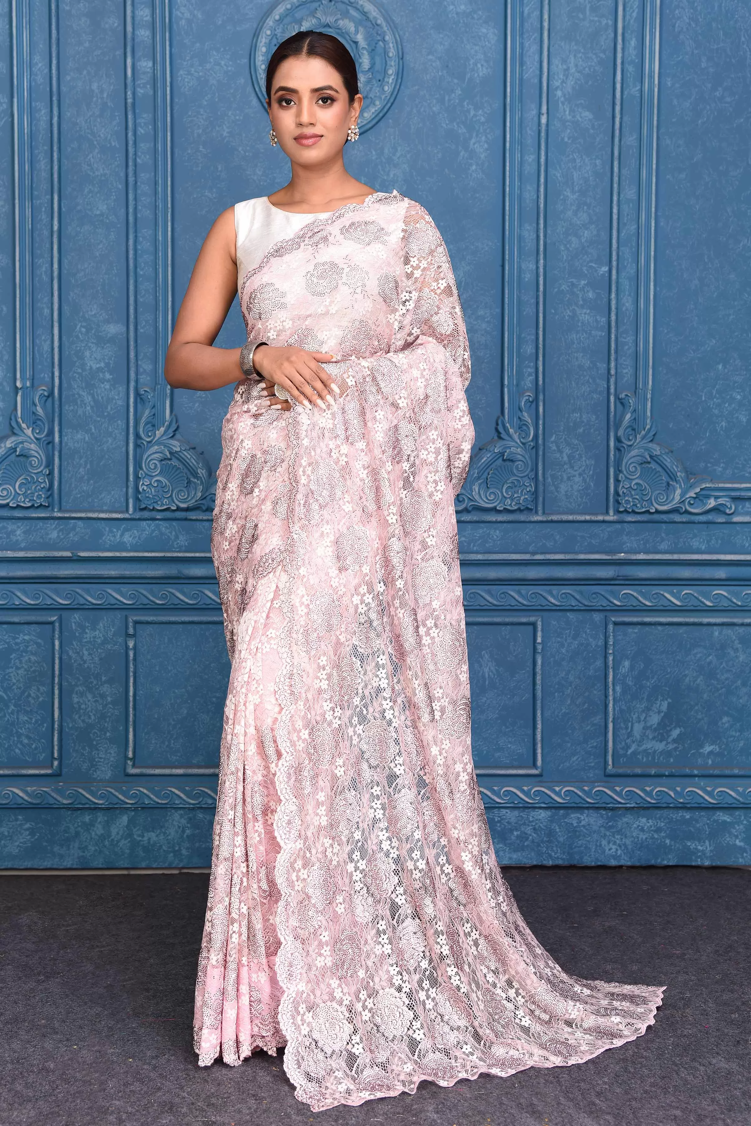 91A217 Powder Pink and Grey Lace Saree