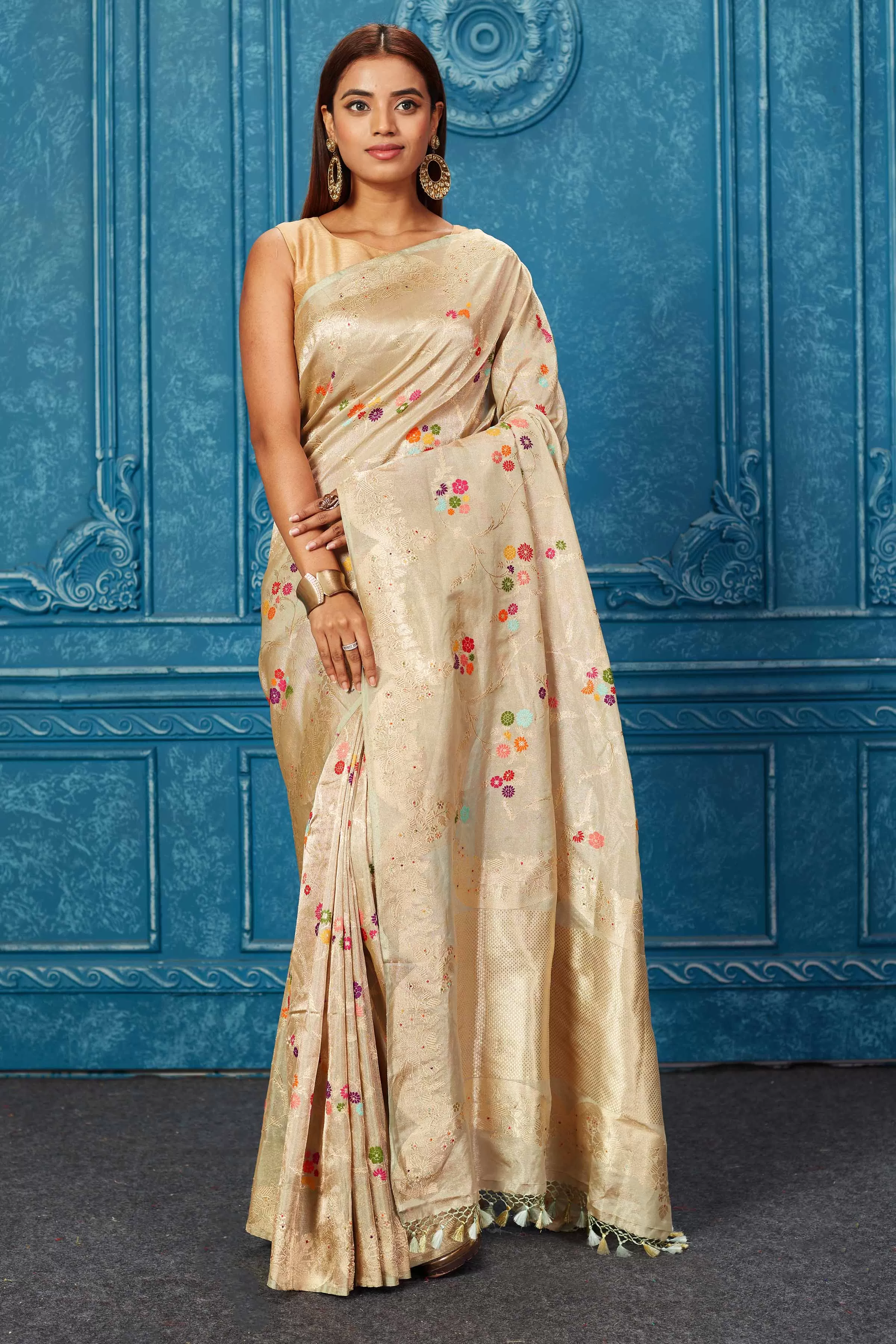 91A234 Golden Beige Banarasi Saree with Zari Minakari Work