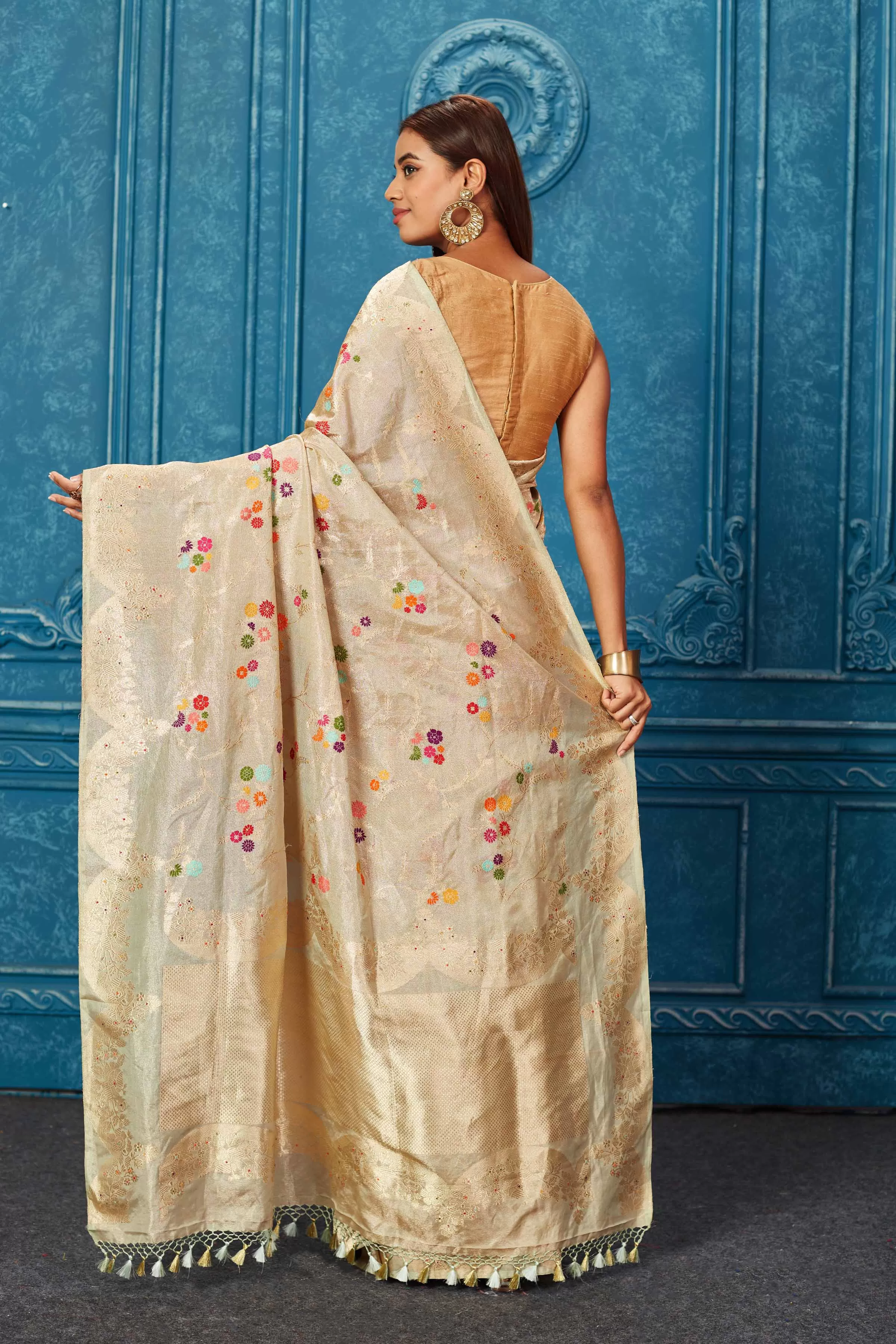 91A234 Golden Beige Banarasi Saree with Zari Minakari Work