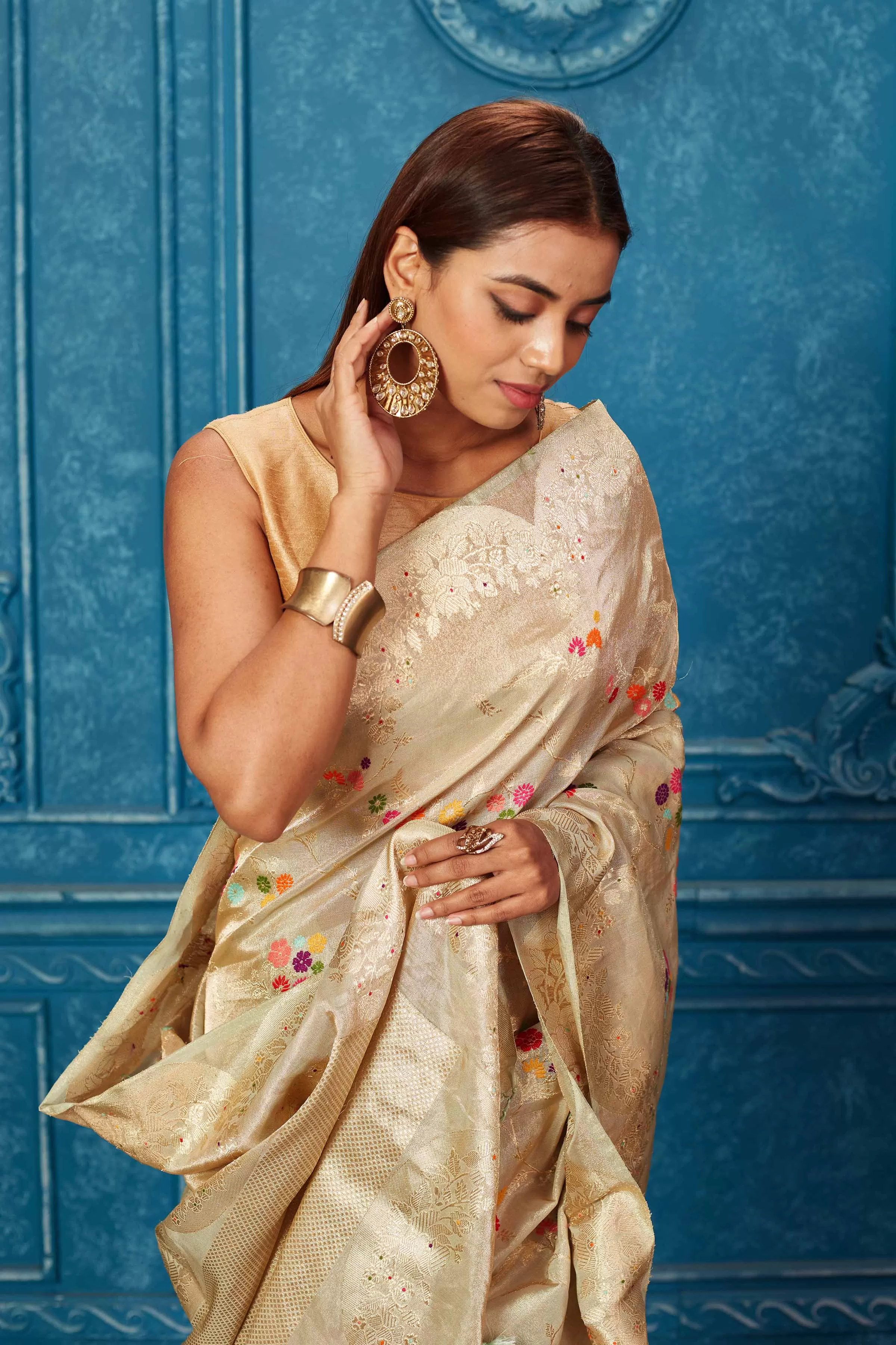 91A234 Golden Beige Banarasi Saree with Zari Minakari Work