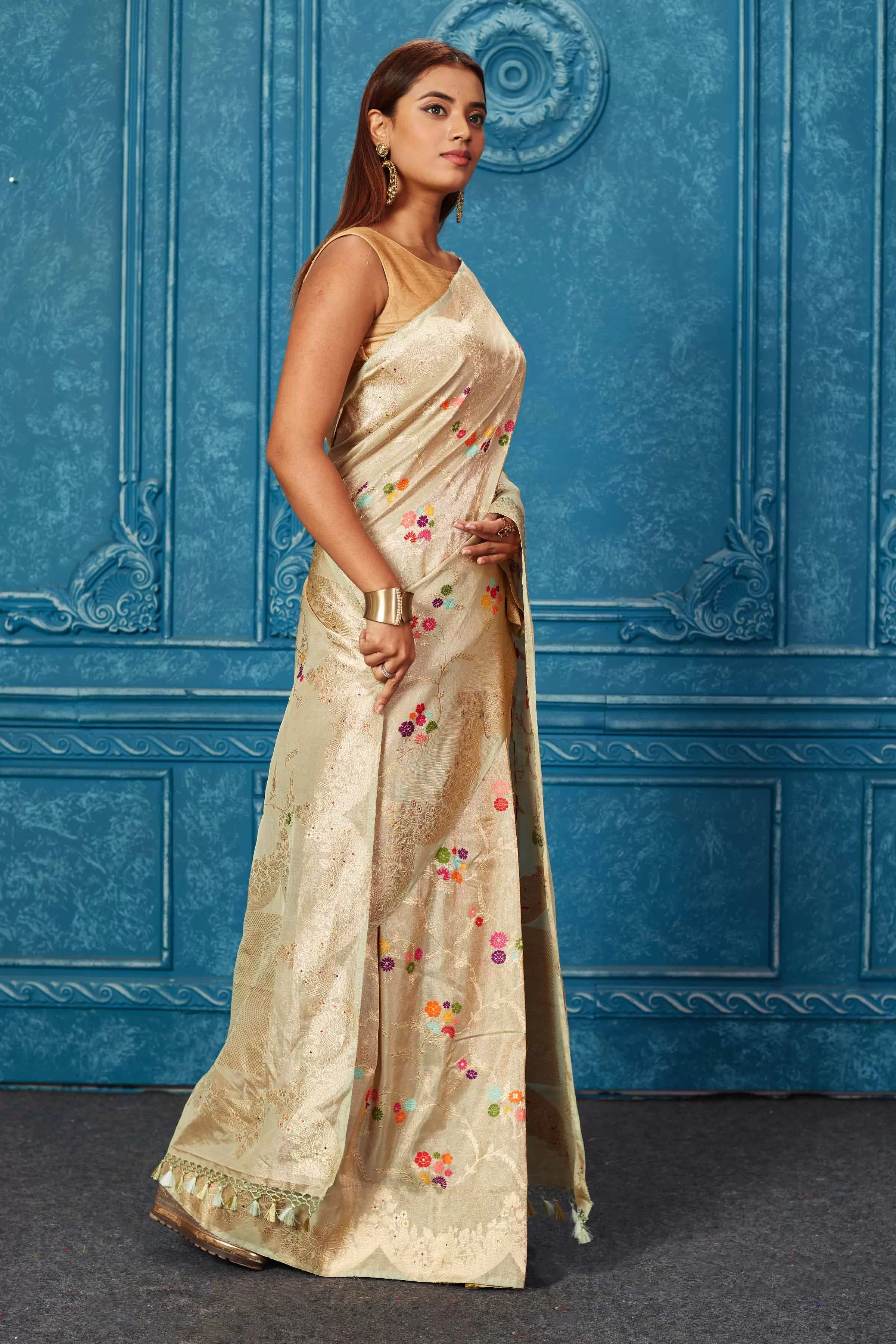 91A234 Golden Beige Banarasi Saree with Zari Minakari Work