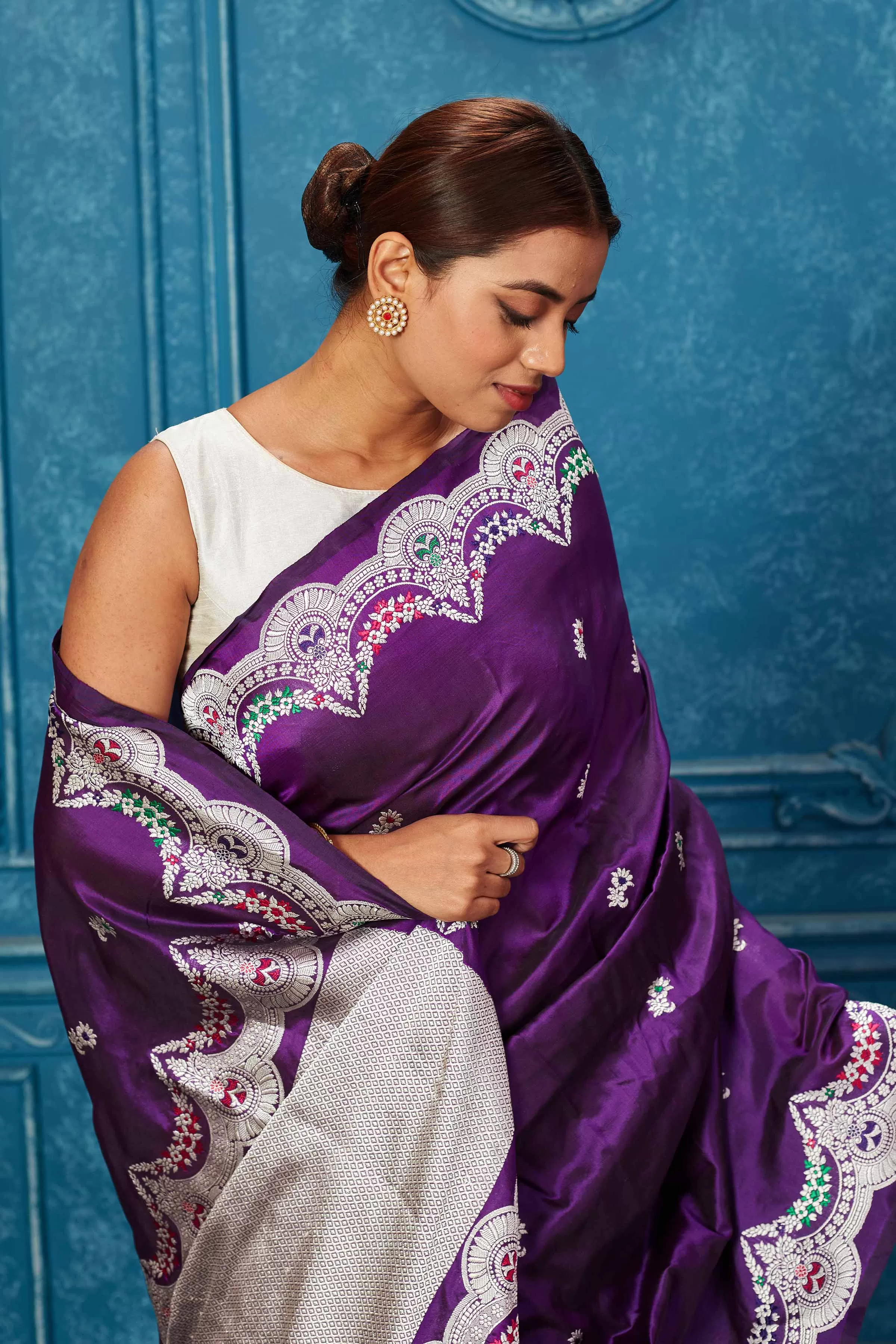 91A236 Purple Banarasi Saree with Silver Zari Minakari Border