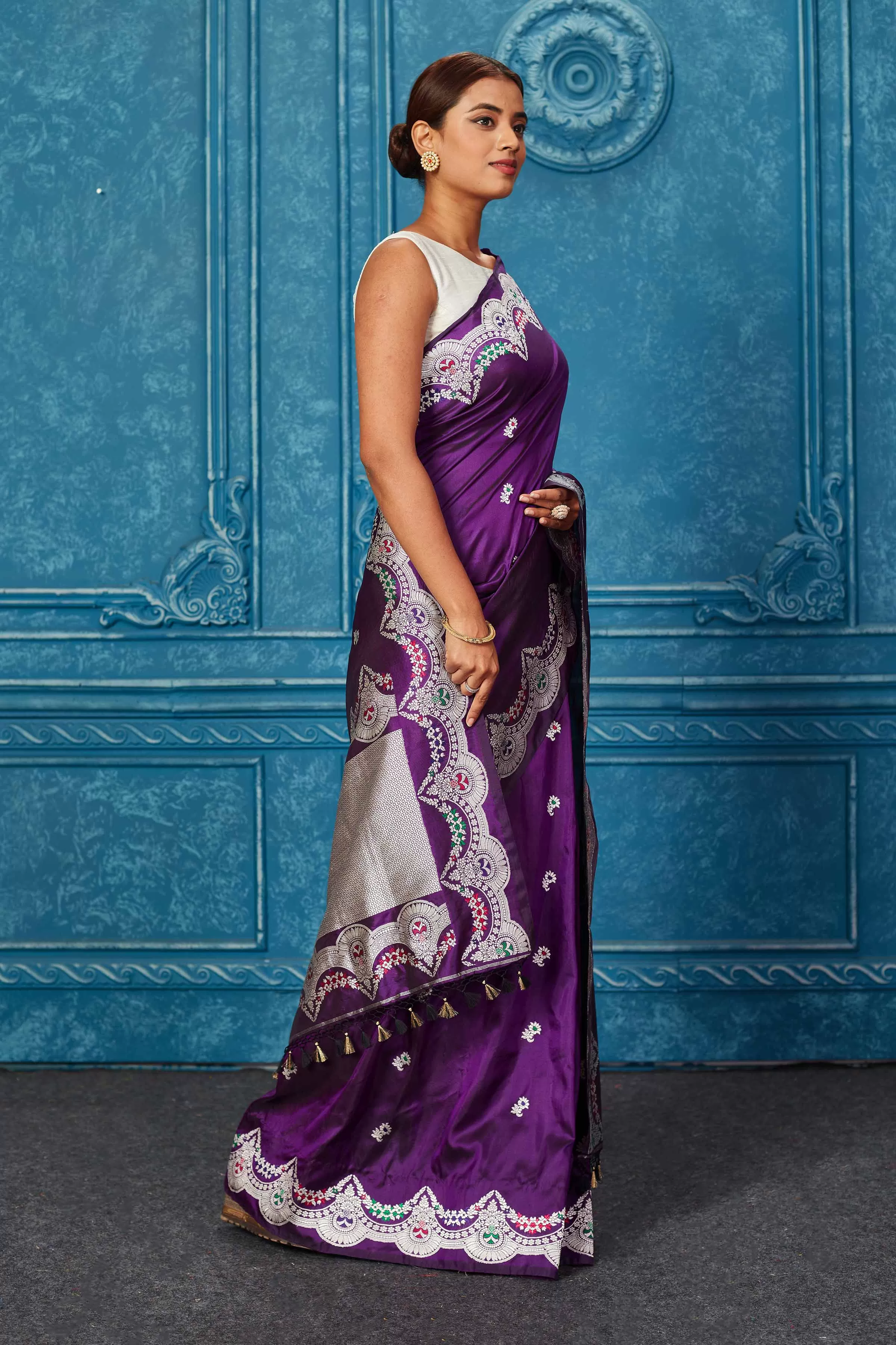 91A236 Purple Banarasi Saree with Silver Zari Minakari Border