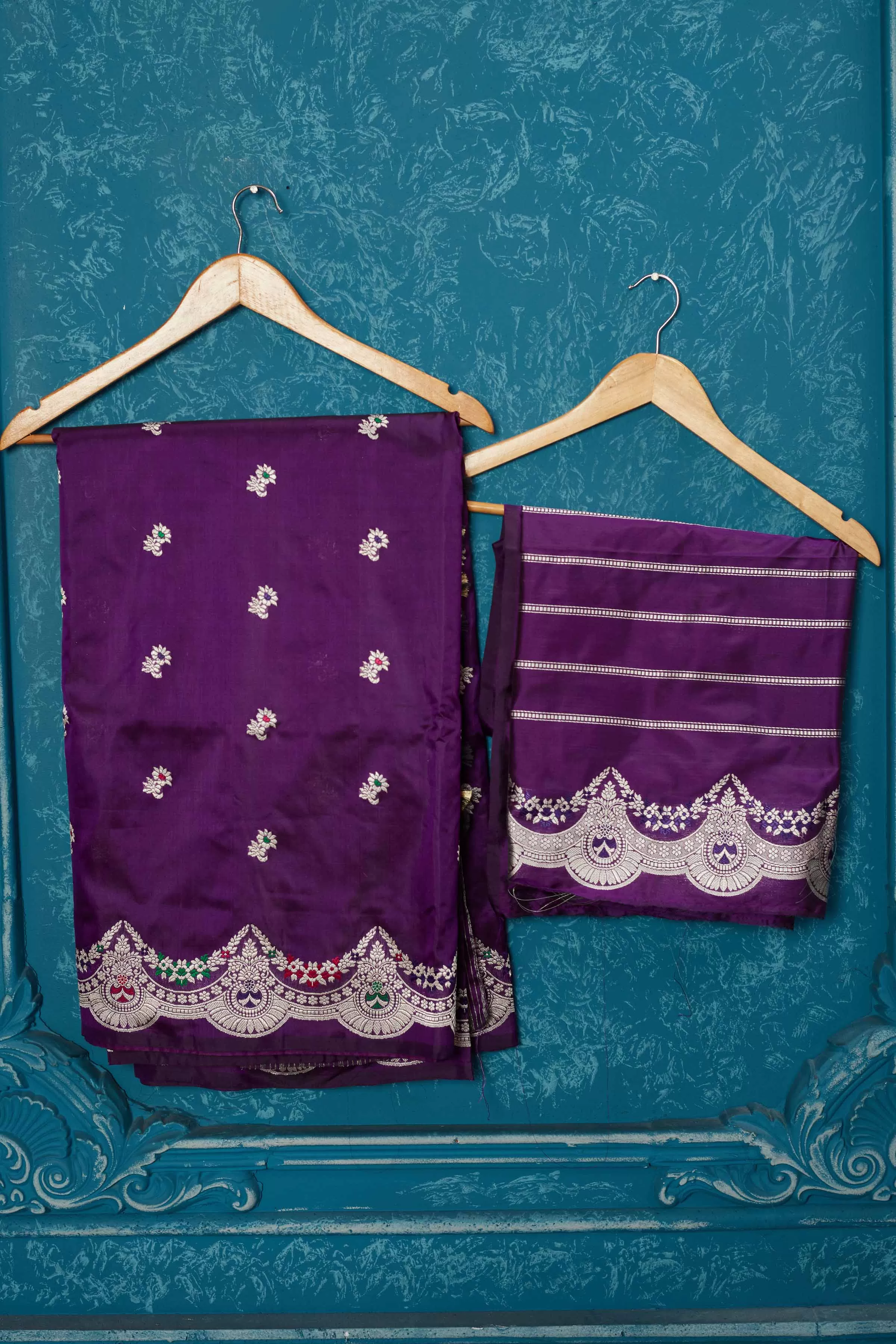 91A236 Purple Banarasi Saree with Silver Zari Minakari Border