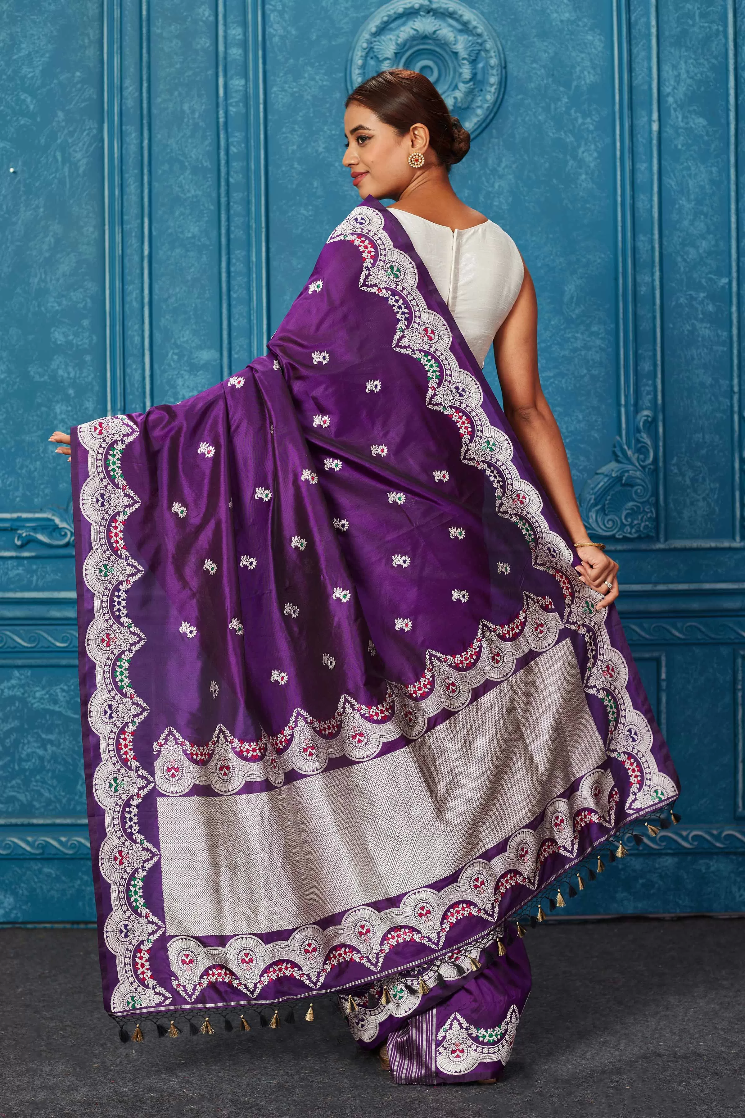 91A236 Purple Banarasi Saree with Silver Zari Minakari Border