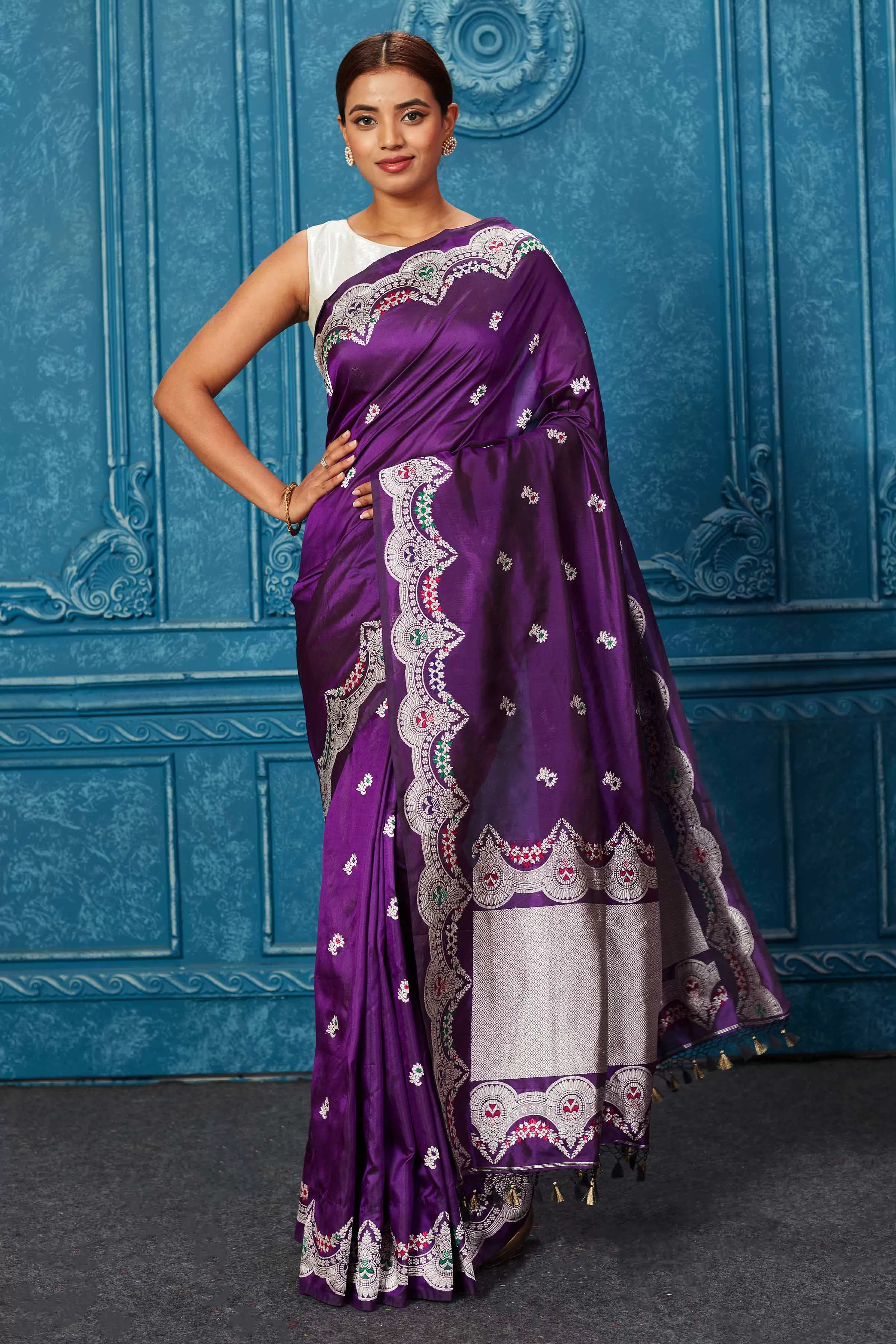 91A236 Purple Banarasi Saree with Silver Zari Minakari Border