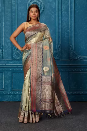 91A240 Greenish Golden Banarasi Saree with Blue Zari Border