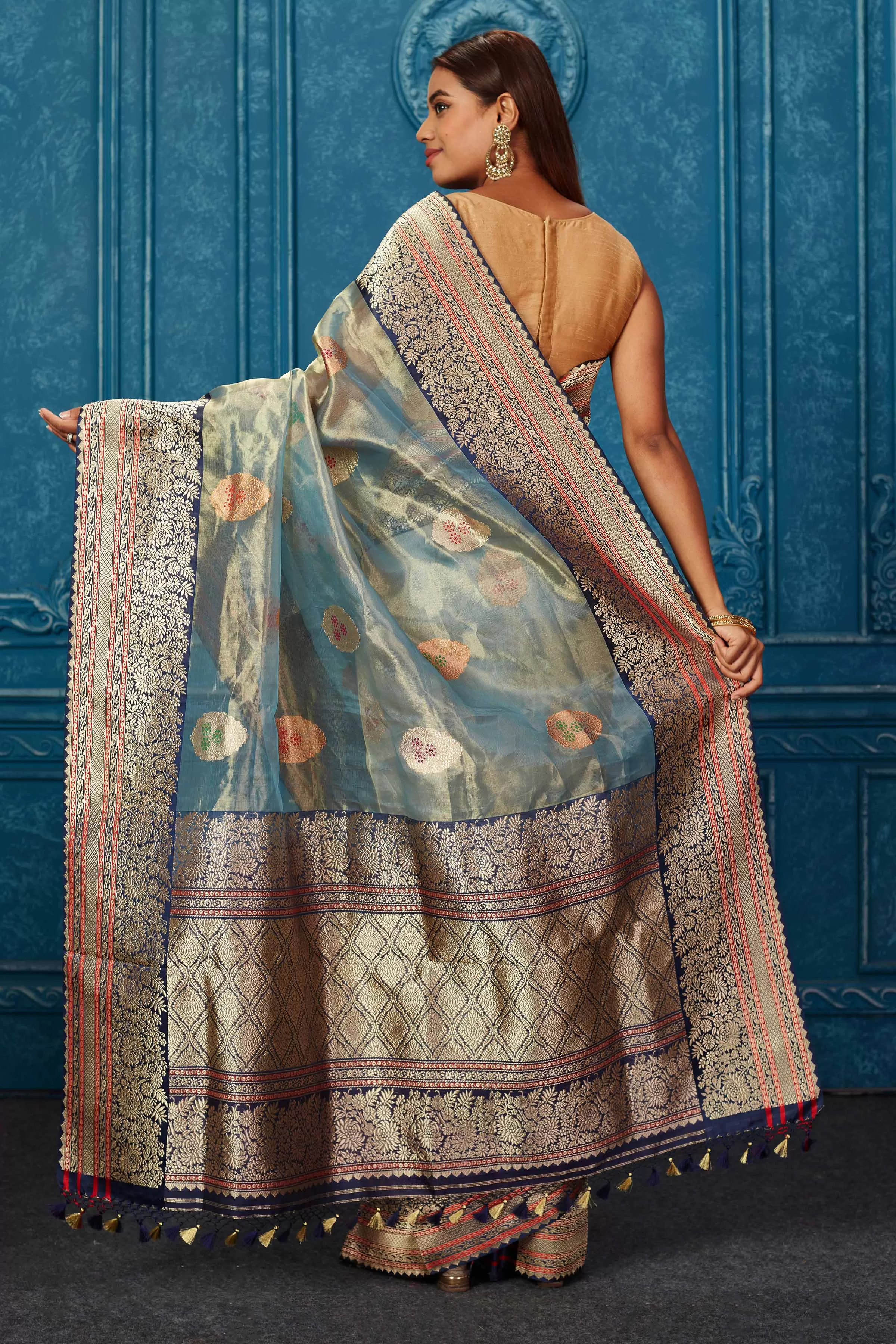 91A240 Greenish Golden Banarasi Saree with Blue Zari Border