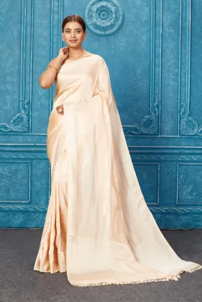 91A258 Plain Cream Banarasi Silk Saree