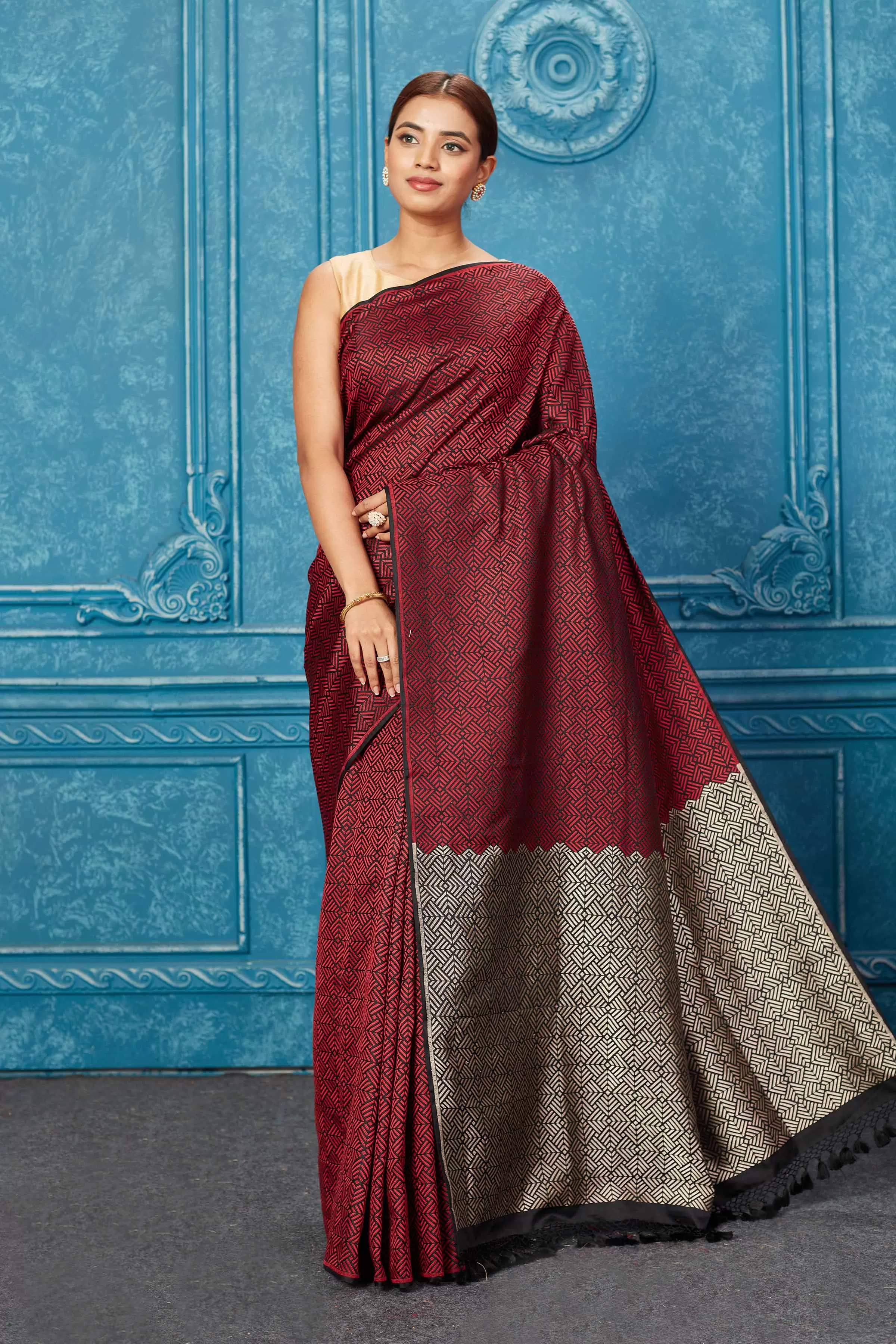 91A263 Maroon Mashru Banarasi Saree with Contrasting Pallu