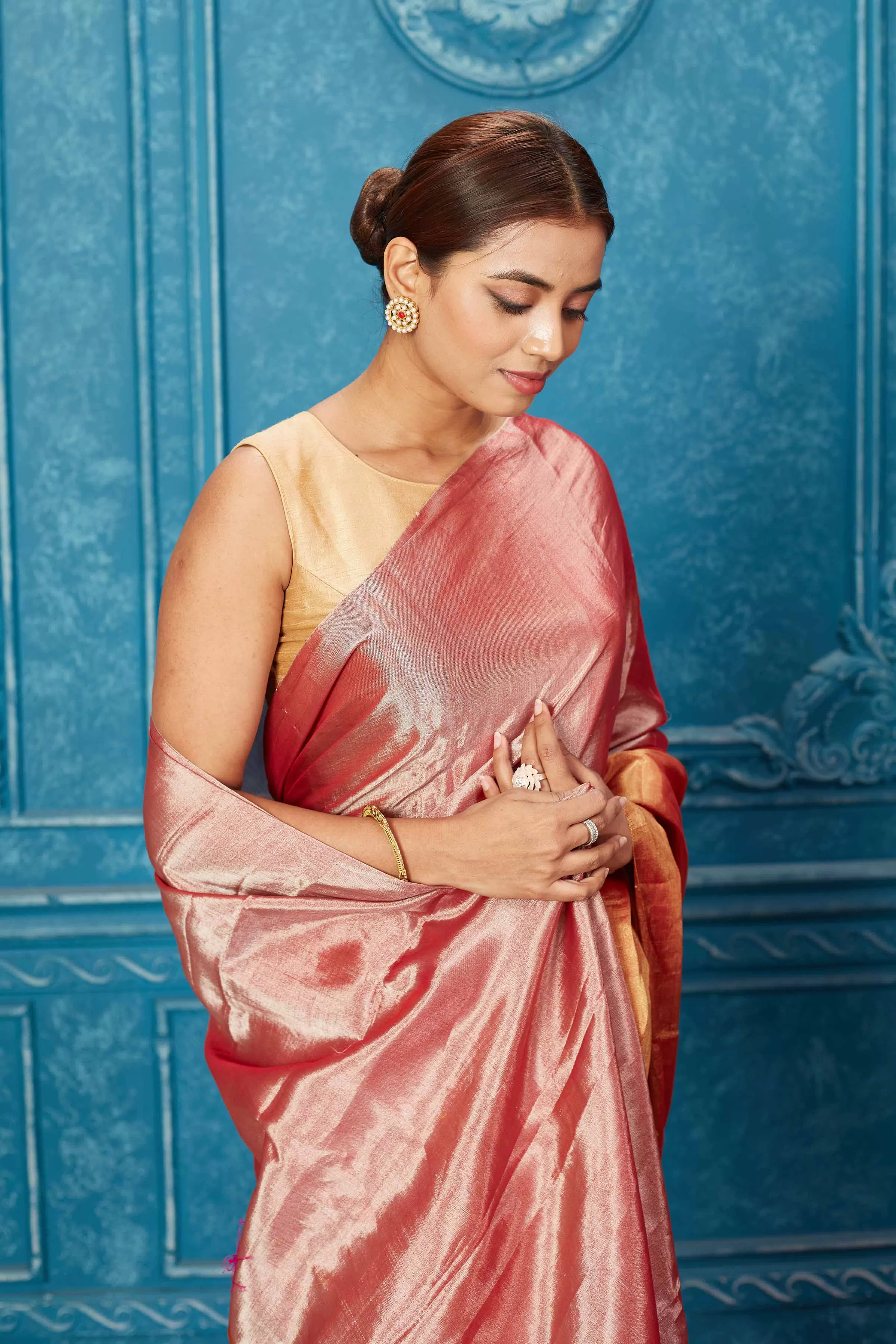 91A266 Pink and Red Tissue Zari Banarasi Saree