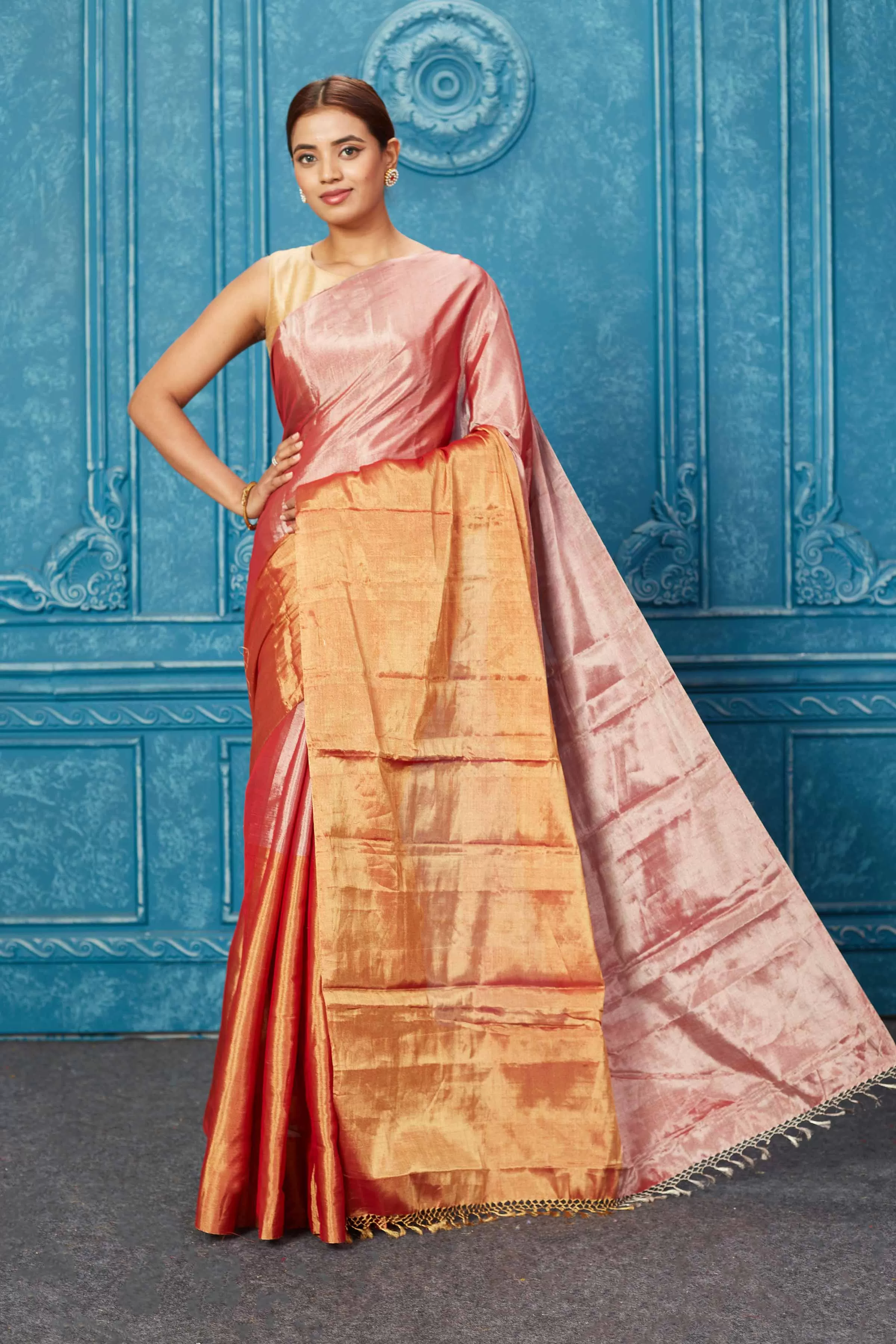 91A266 Pink and Red Tissue Zari Banarasi Saree