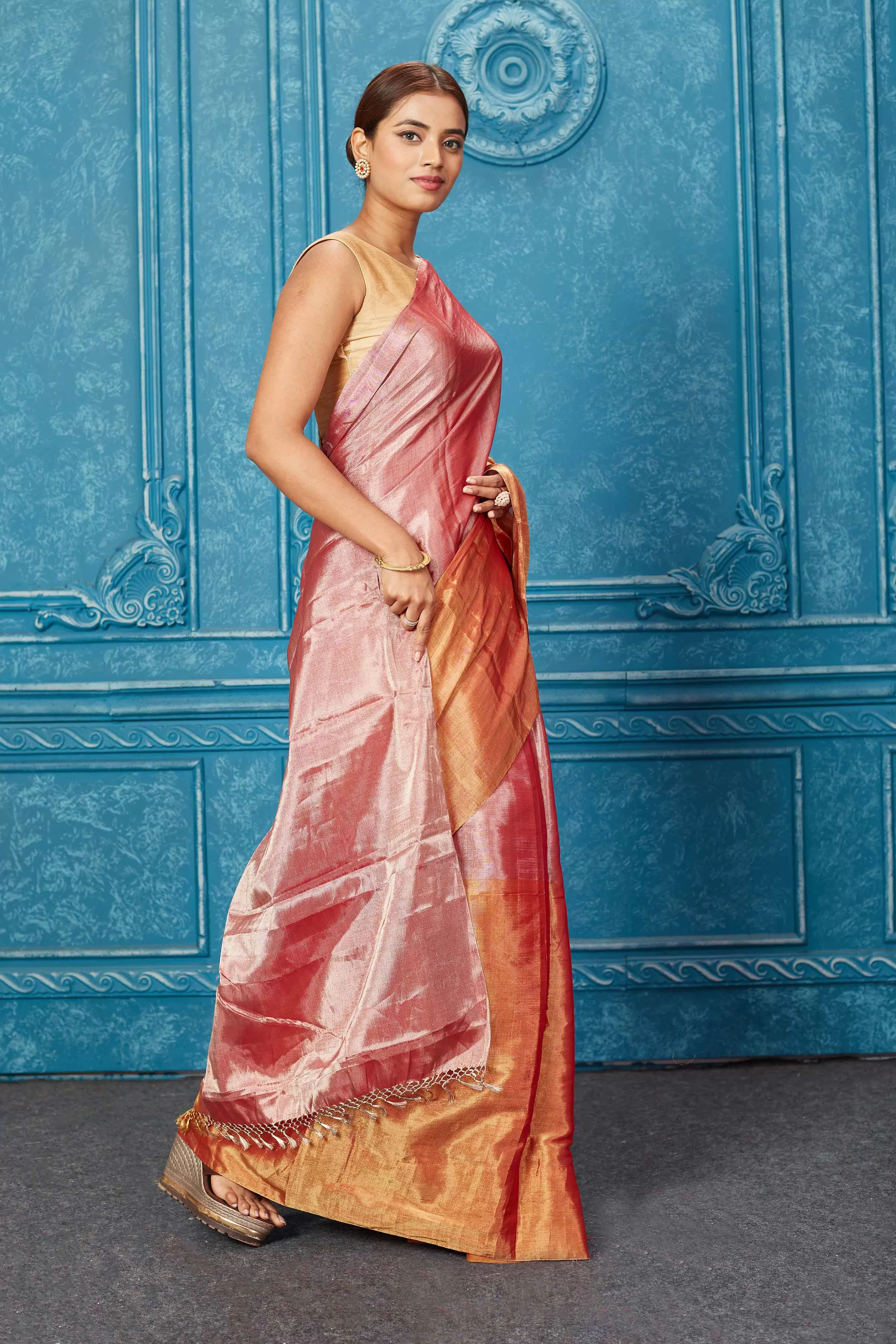 91A266 Pink and Red Tissue Zari Banarasi Saree