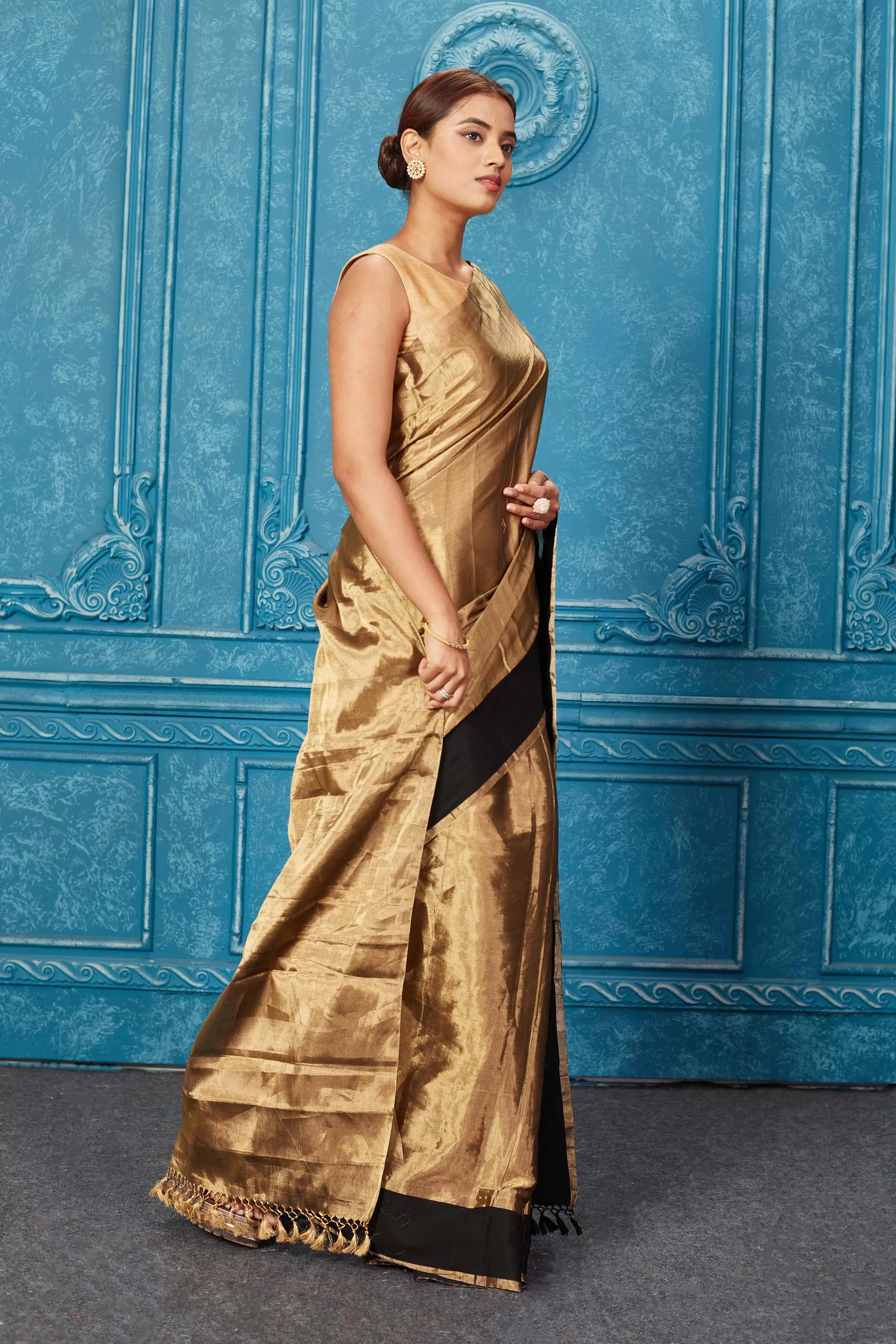 91A267 Golden Tissue Zari Banarasi Saree with Black Border