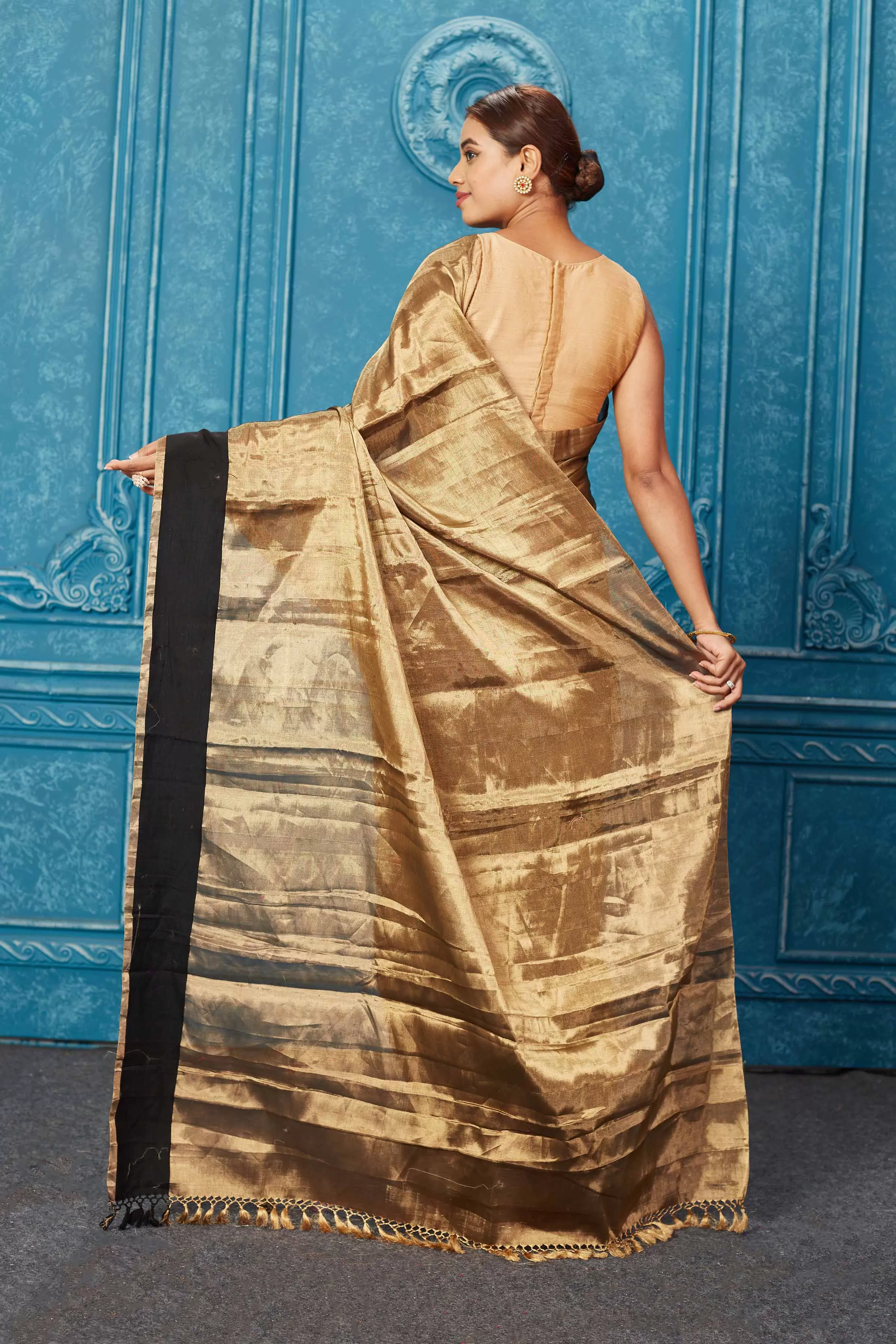 91A267 Golden Tissue Zari Banarasi Saree with Black Border