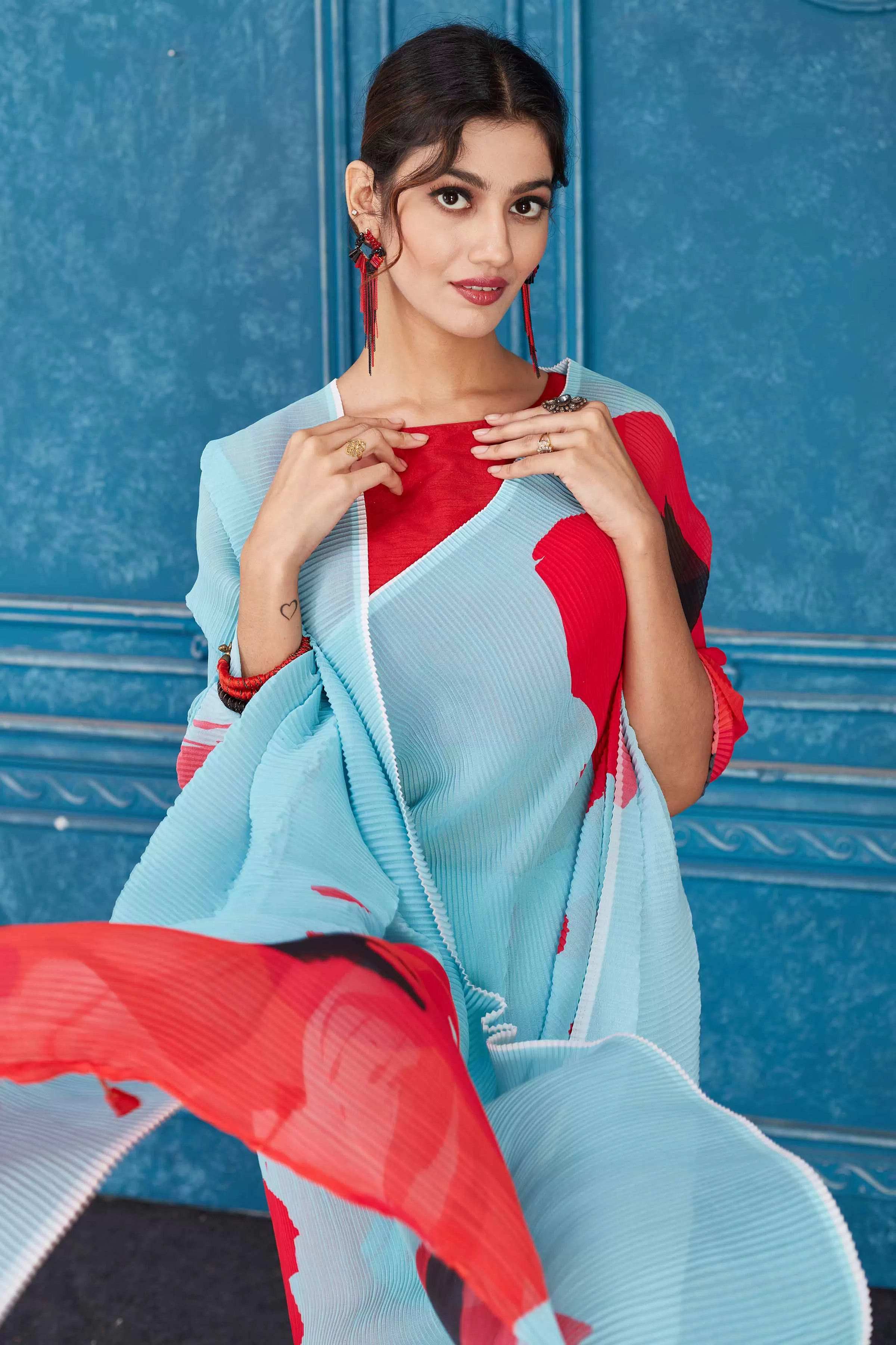 91A299 Powder Blue Printed Crushed Georgette Saree