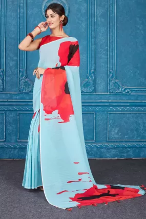 91A299 Powder Blue Printed Crushed Georgette Saree