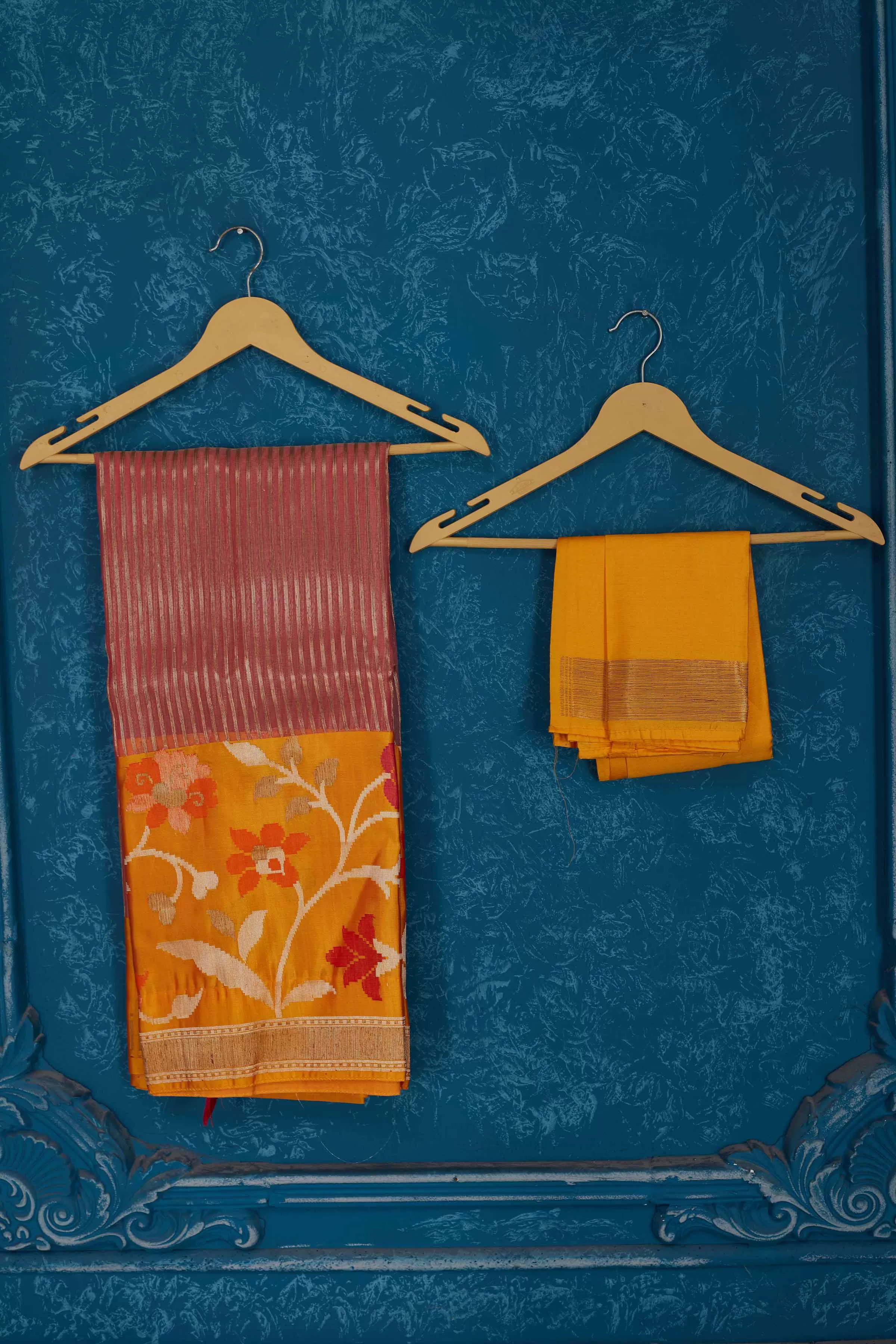 91A310 Pink Kora Banarasi Saree with Yellow Floral Border