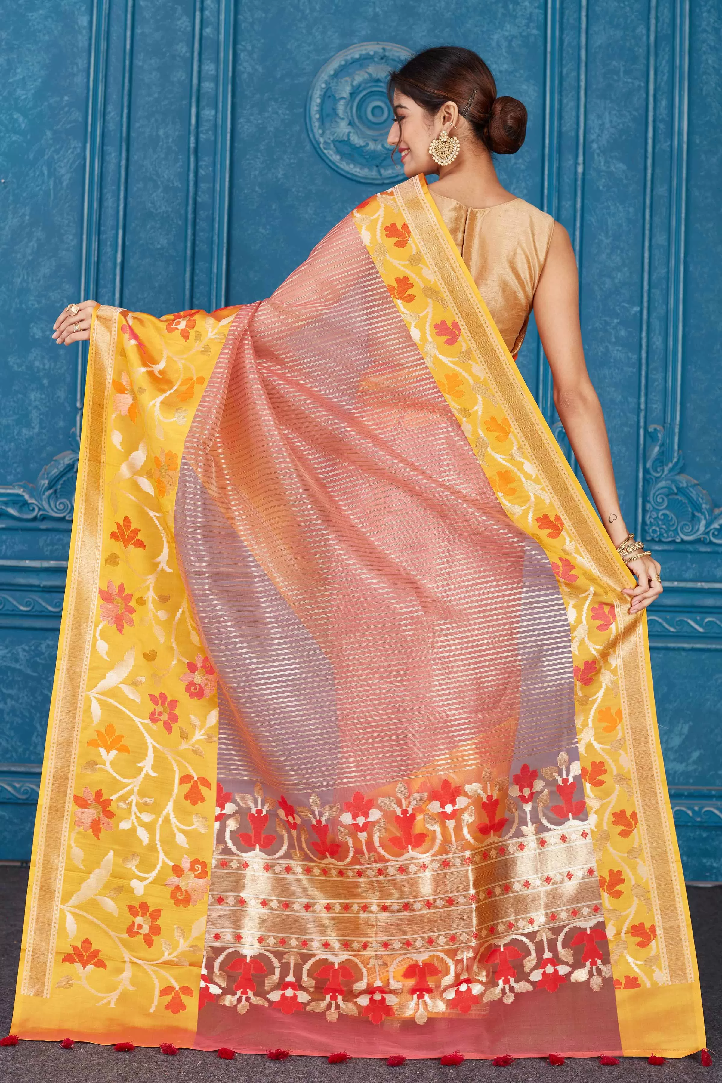 91A310 Pink Kora Banarasi Saree with Yellow Floral Border