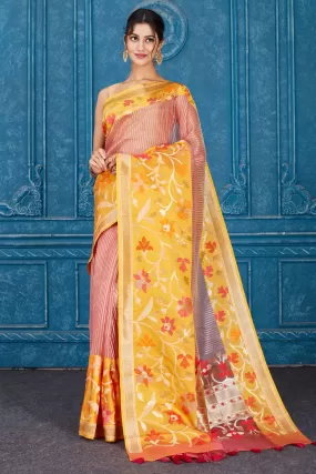 91A310 Pink Kora Banarasi Saree with Yellow Floral Border