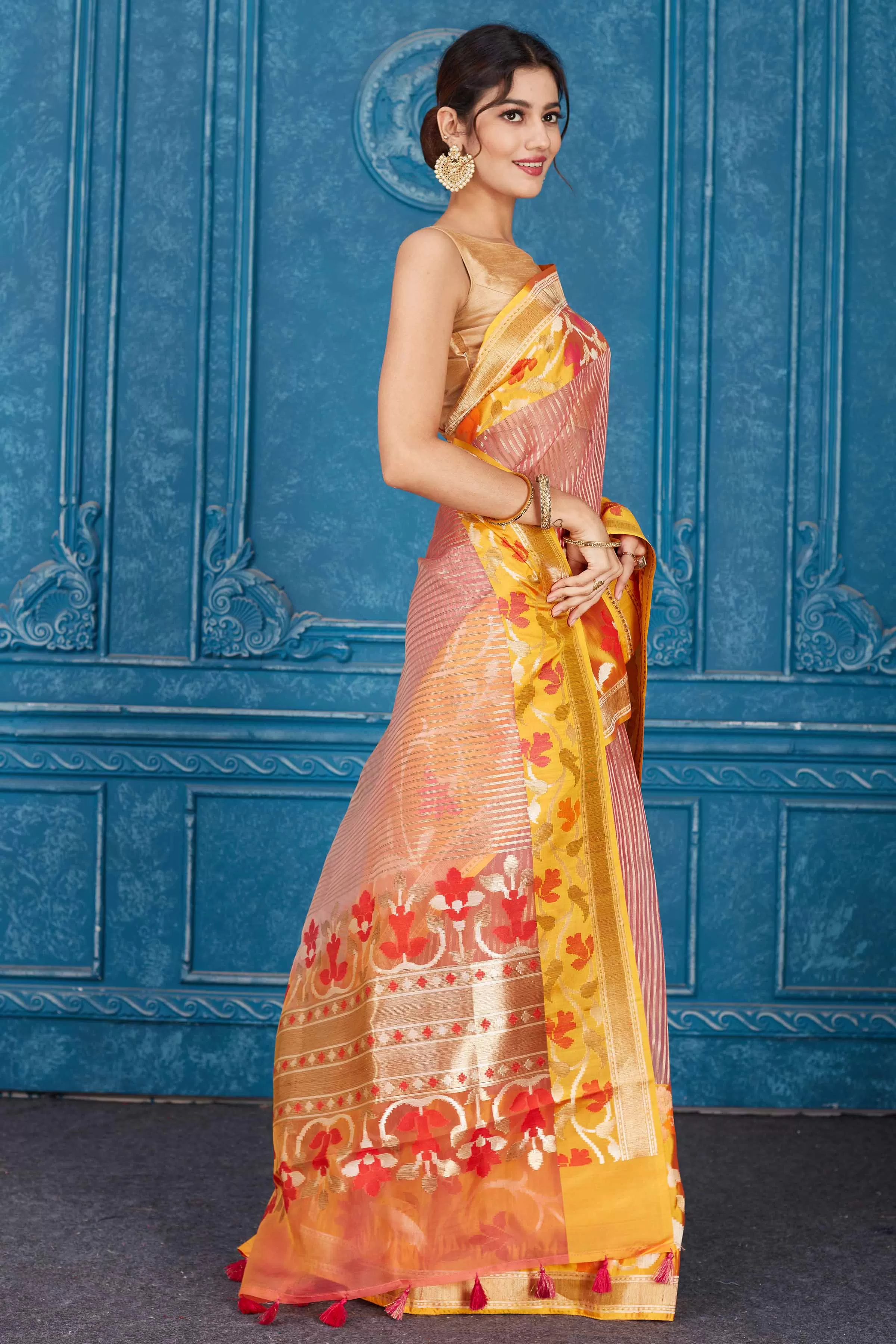 91A310 Pink Kora Banarasi Saree with Yellow Floral Border