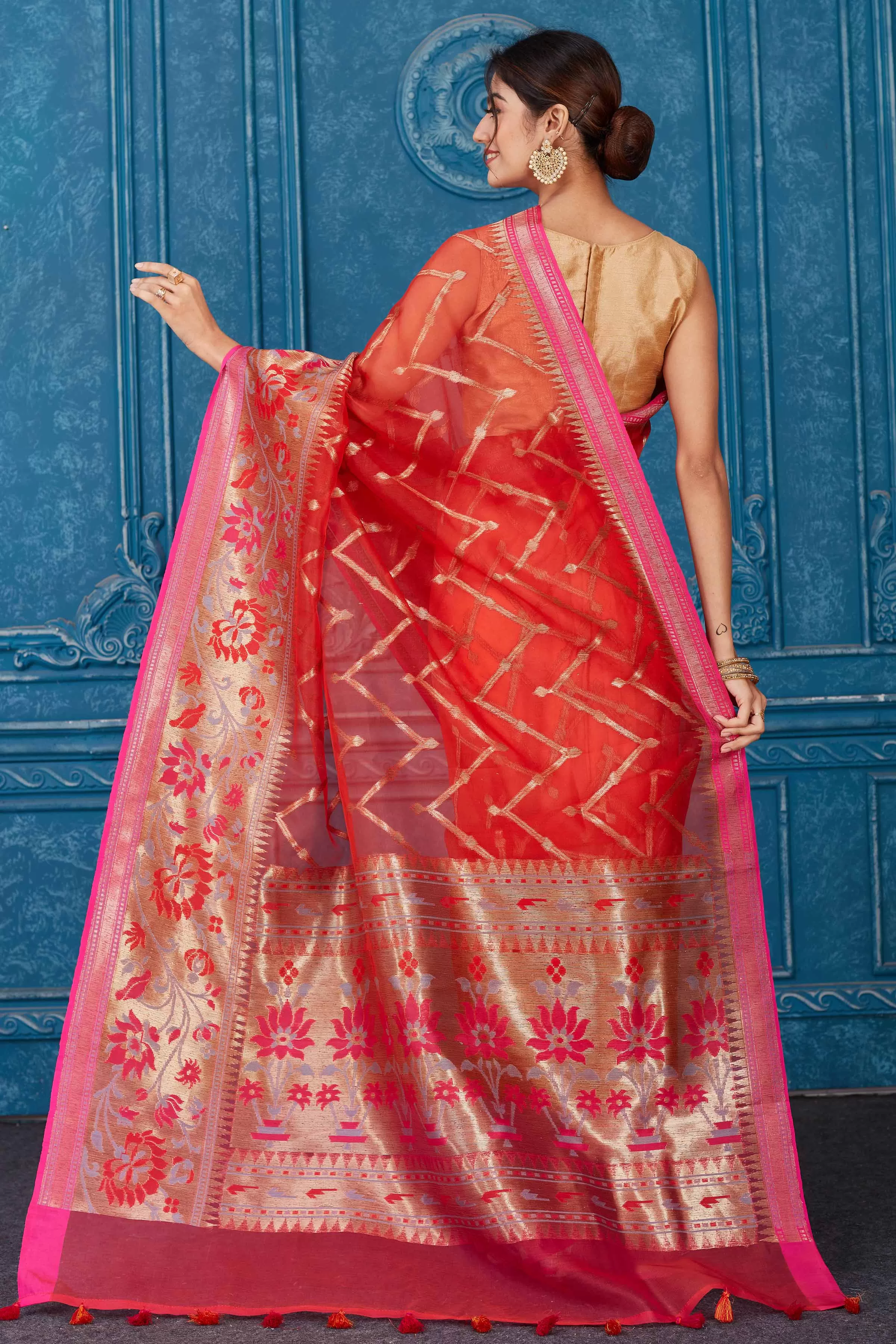 91A311 Red Kora Banarasi Saree with Pink Border