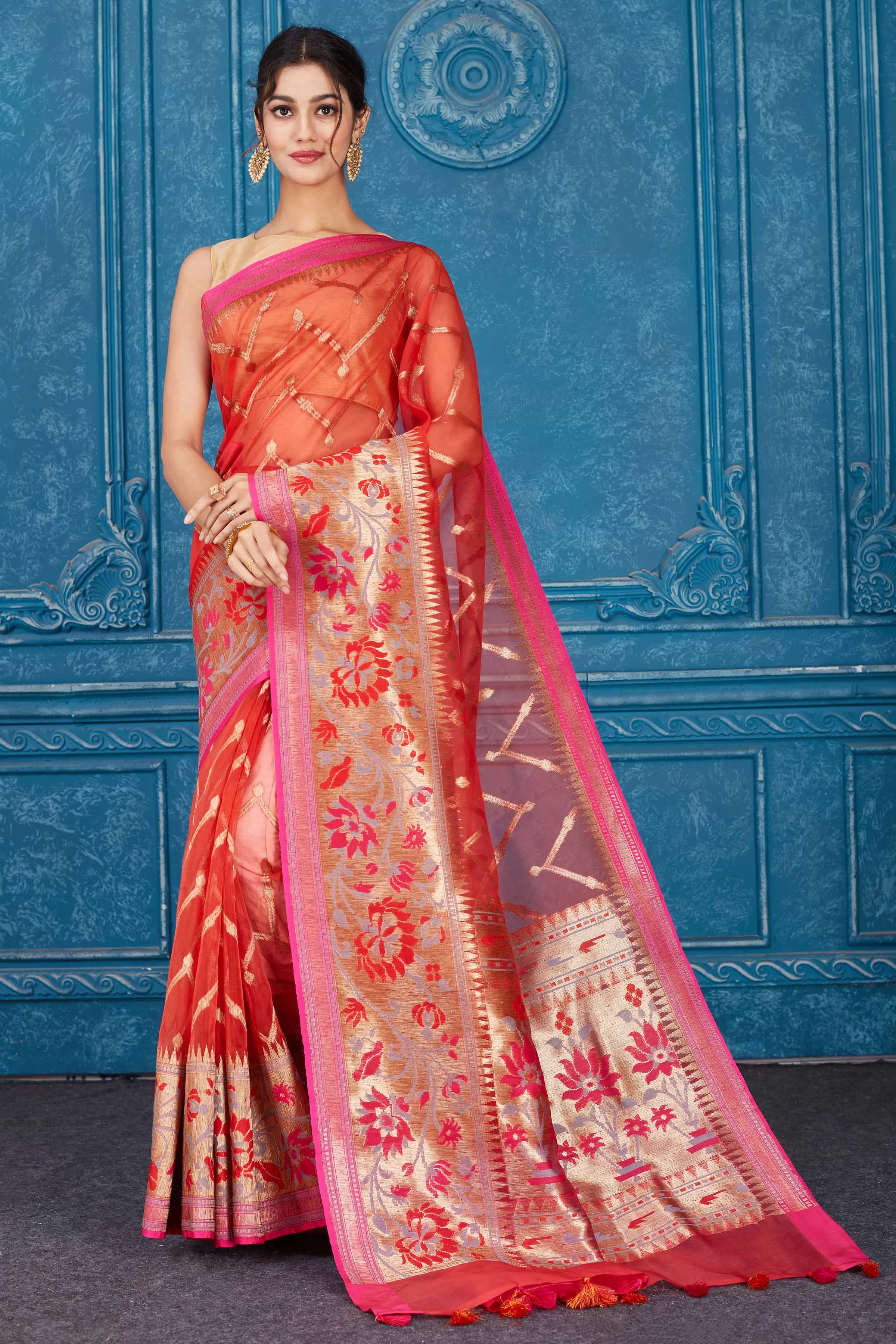 91A311 Red Kora Banarasi Saree with Pink Border