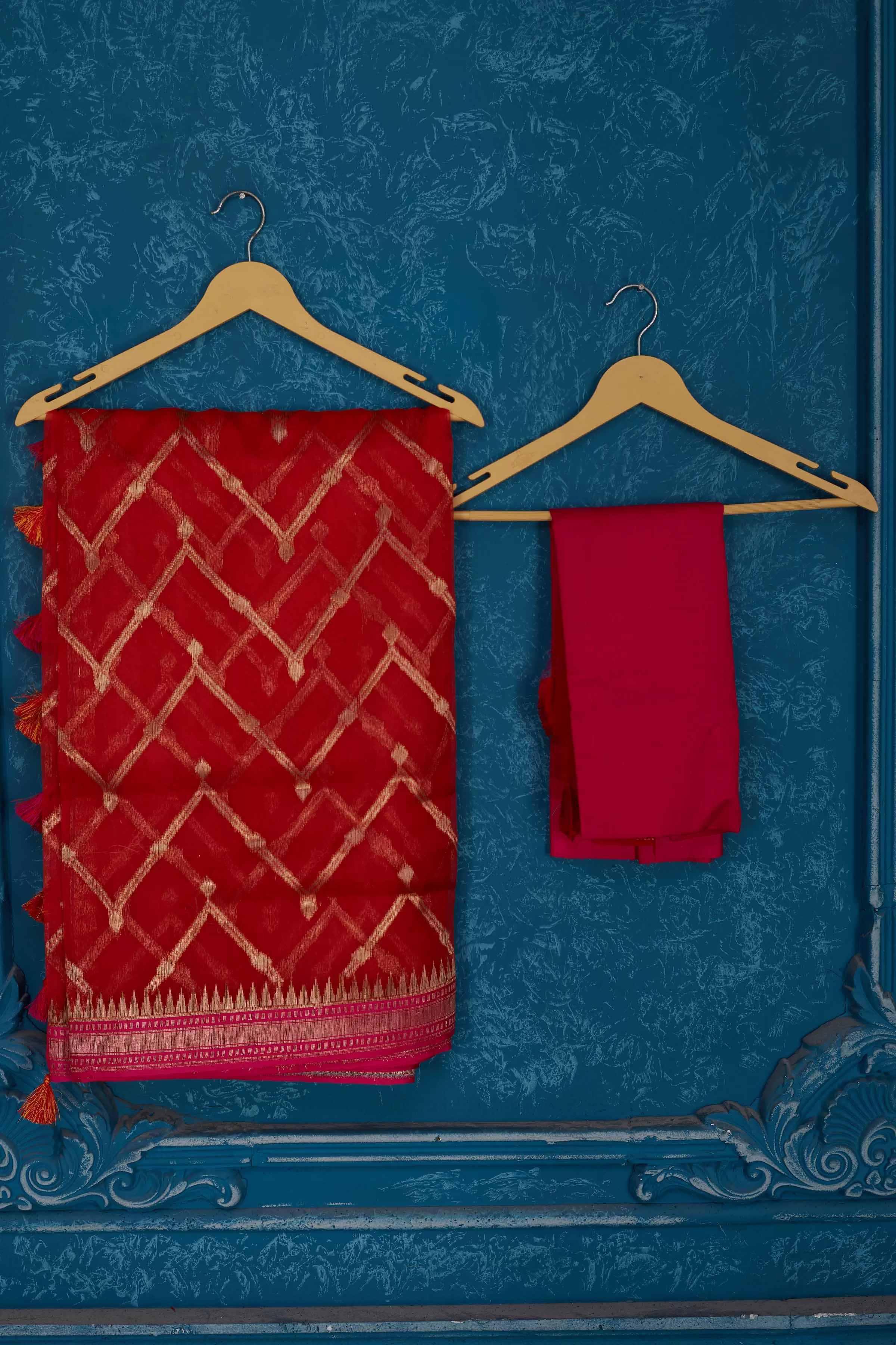 91A311 Red Kora Banarasi Saree with Pink Border