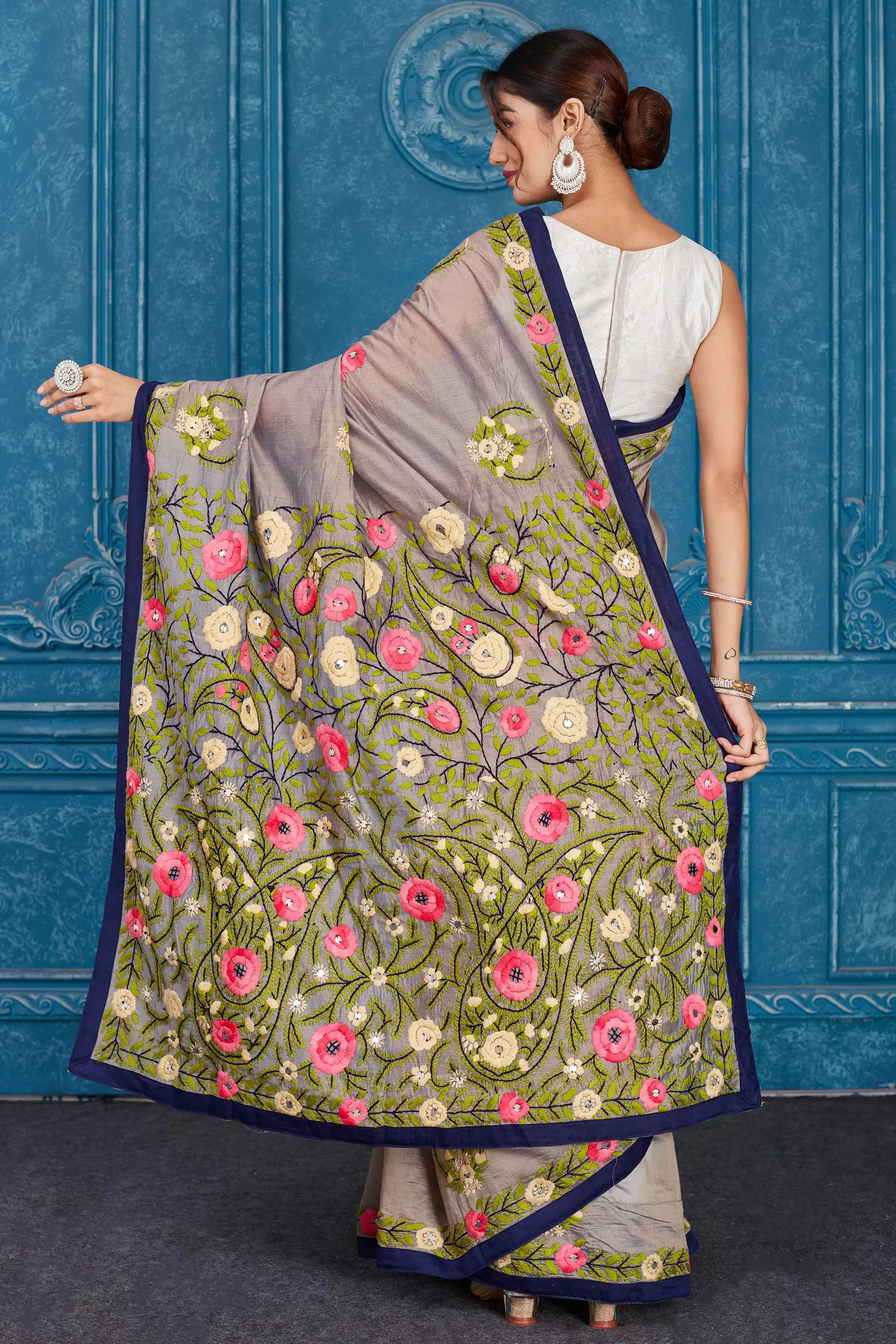 91A328 Grey Phulkari Work Kota Saree