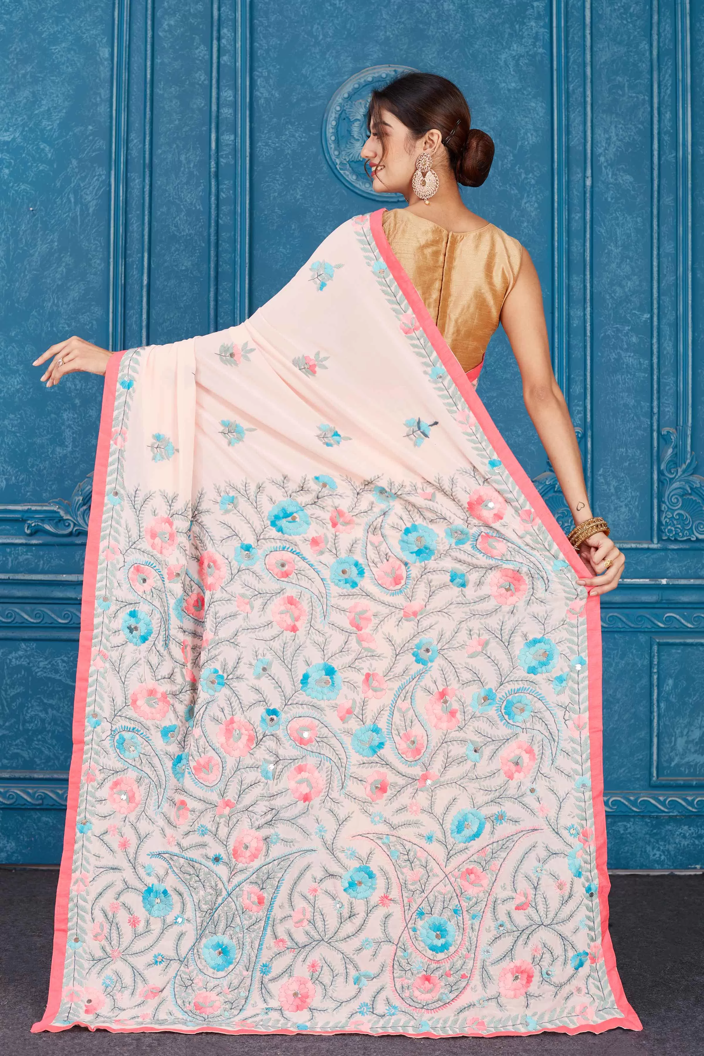 91A331 Powder Pink Phulkari Embroidery Georgette Saree