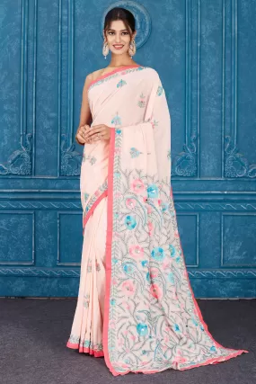 91A331 Powder Pink Phulkari Embroidery Georgette Saree