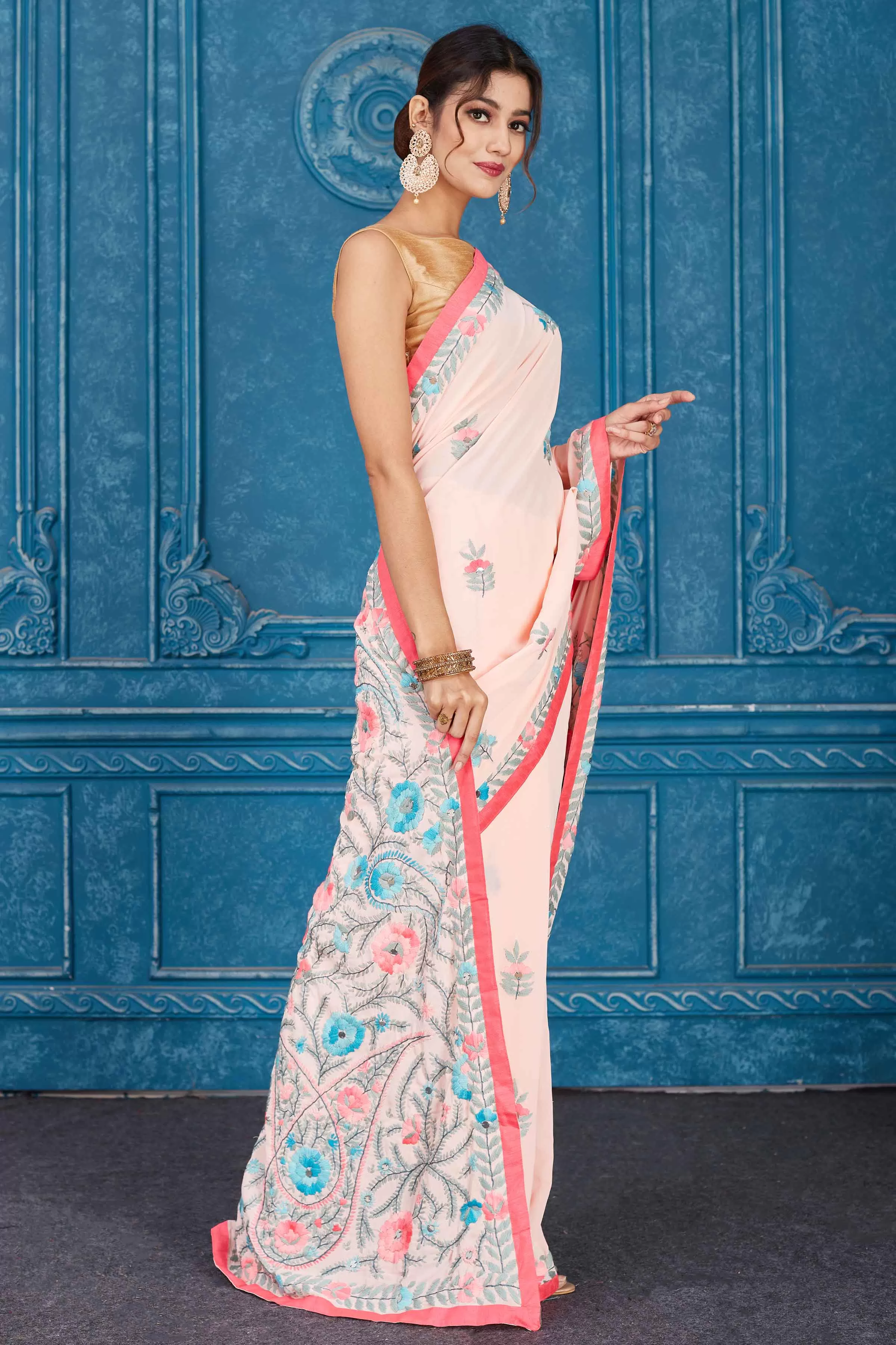 91A331 Powder Pink Phulkari Embroidery Georgette Saree