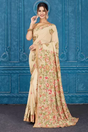 91A333 Beige Phulkari Embroidery Georgette Sari