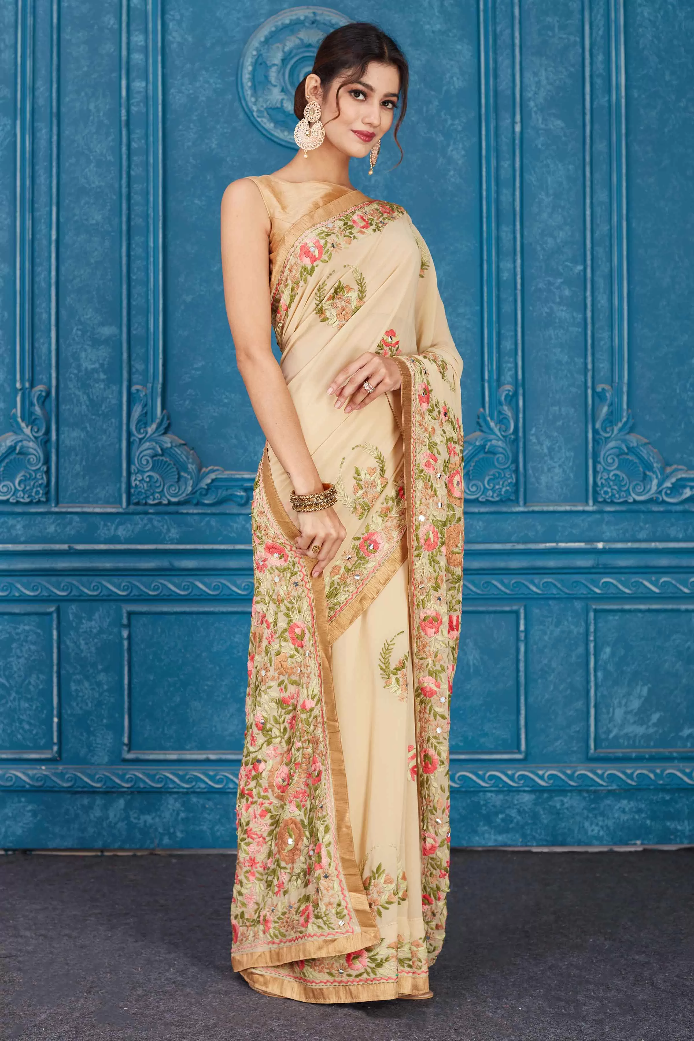 91A333 Beige Phulkari Embroidery Georgette Sari