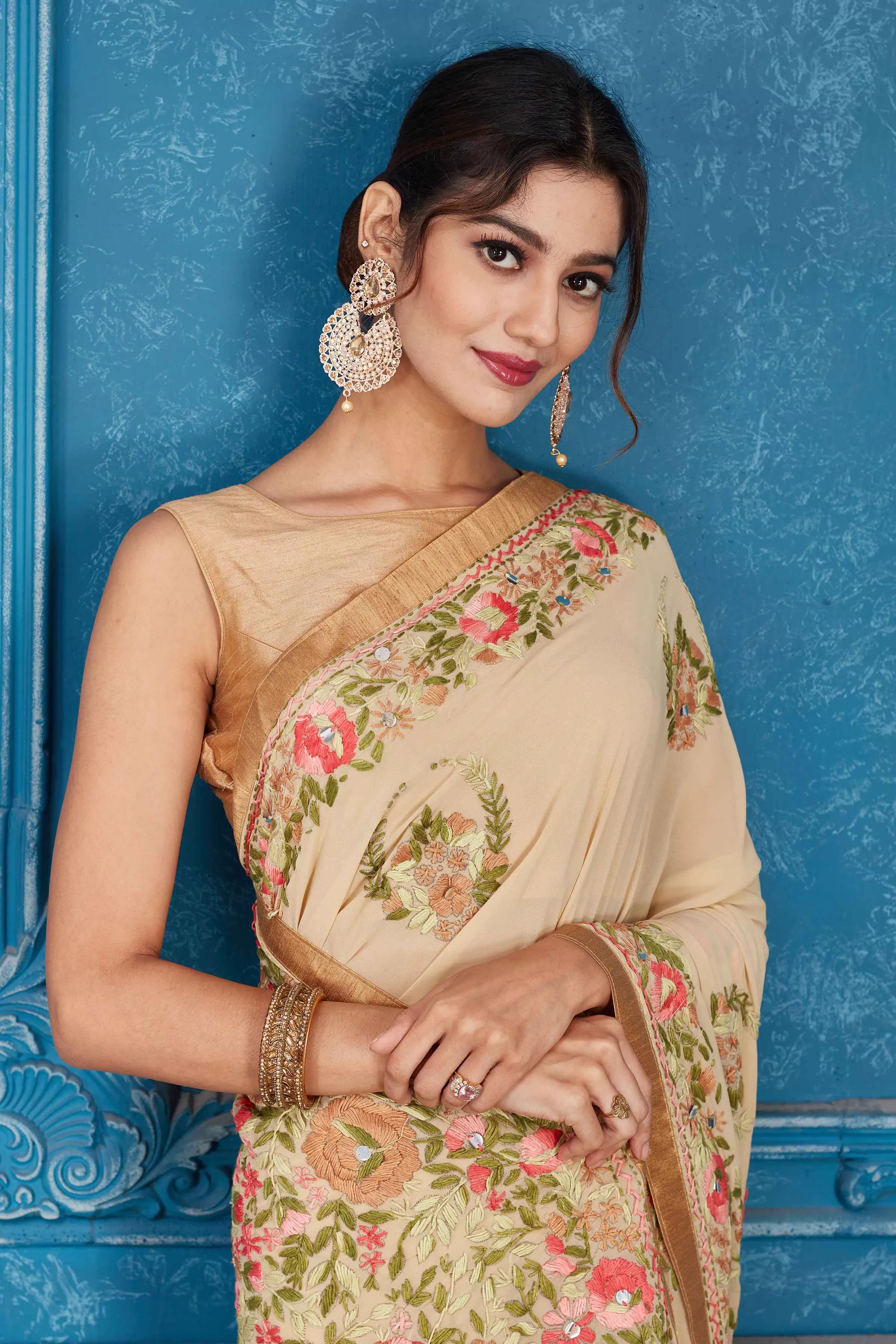 91A333 Beige Phulkari Embroidery Georgette Sari