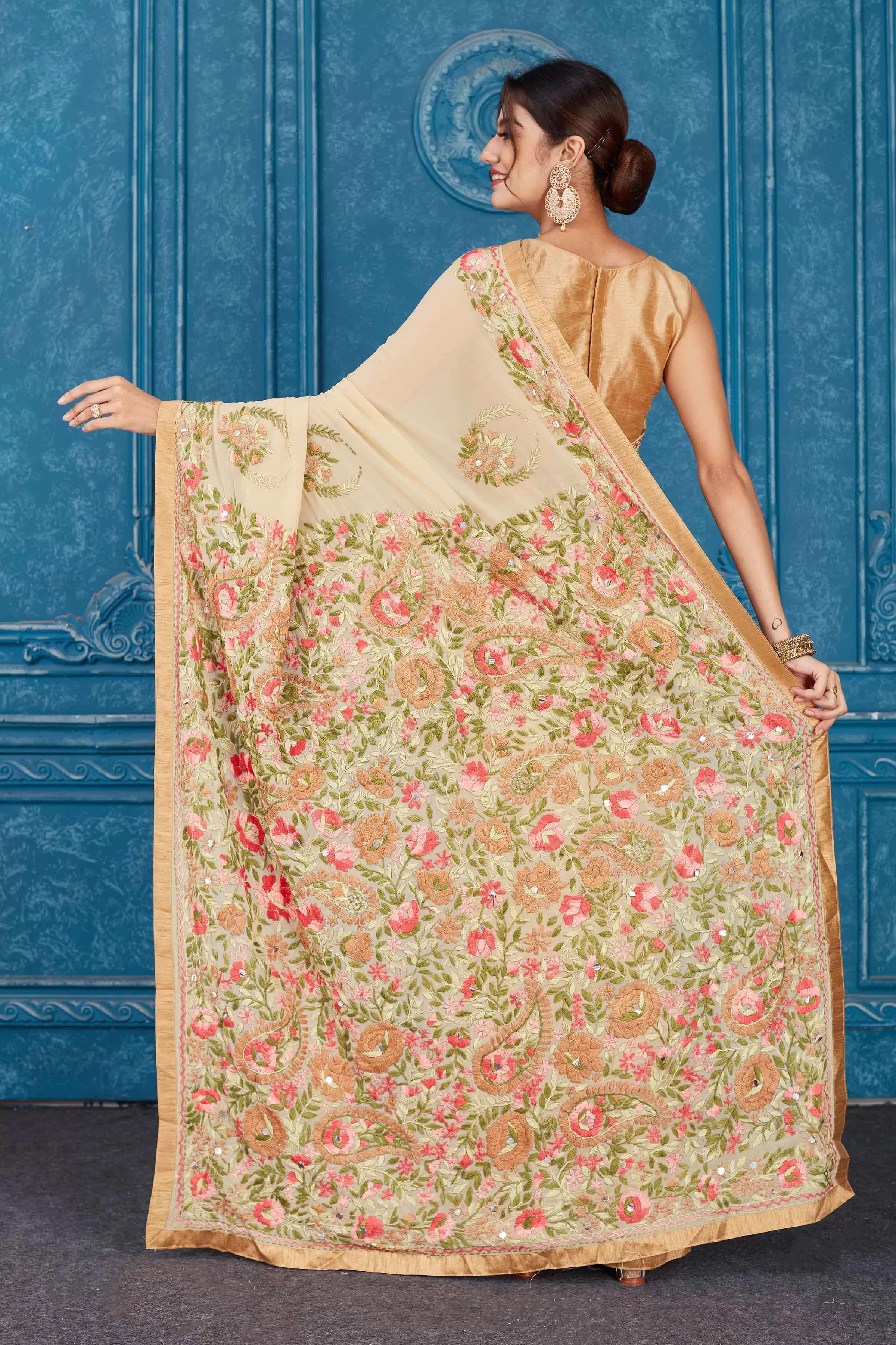 91A333 Beige Phulkari Embroidery Georgette Sari