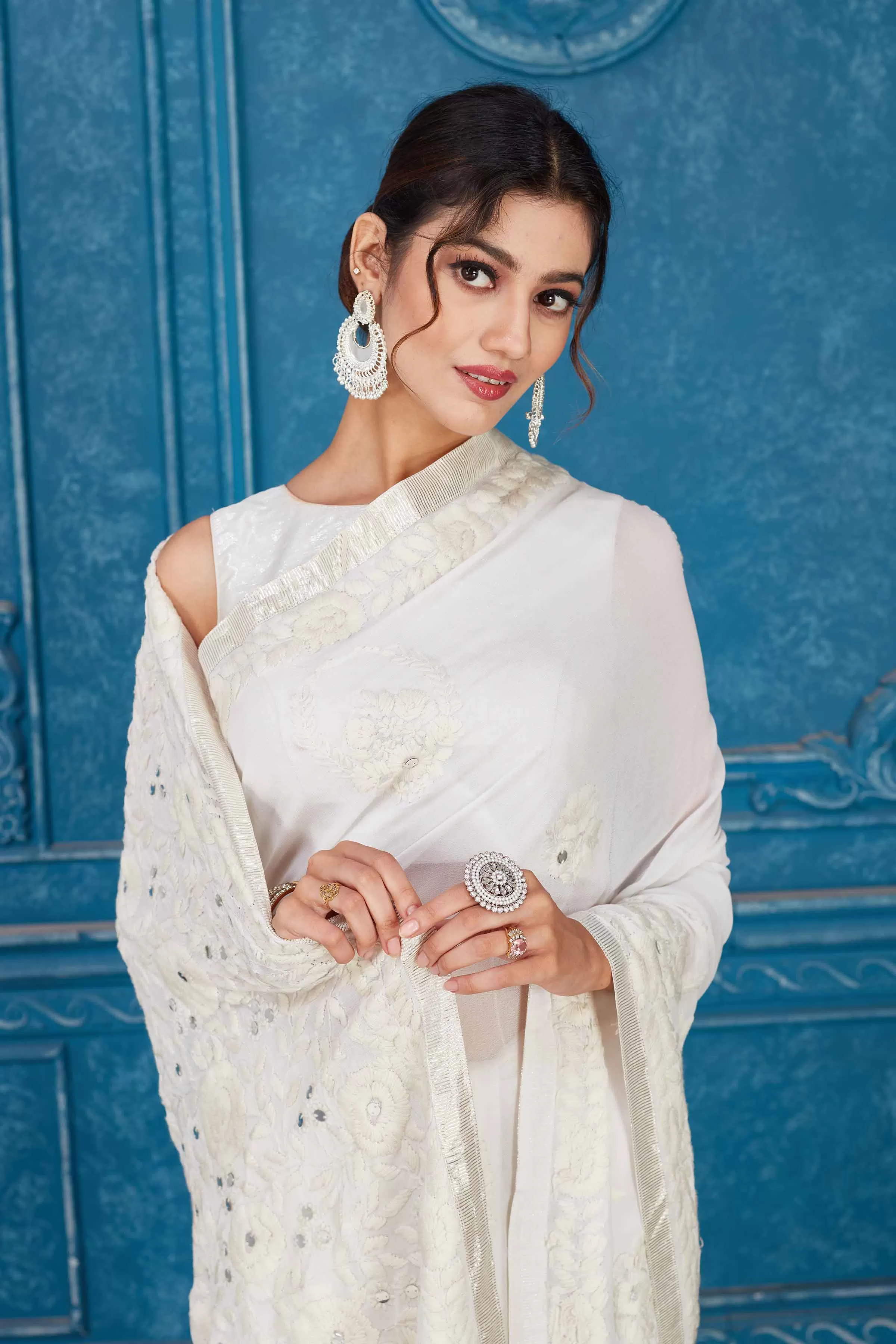 91A334 White Phulkari Embroidery Georgette Sari